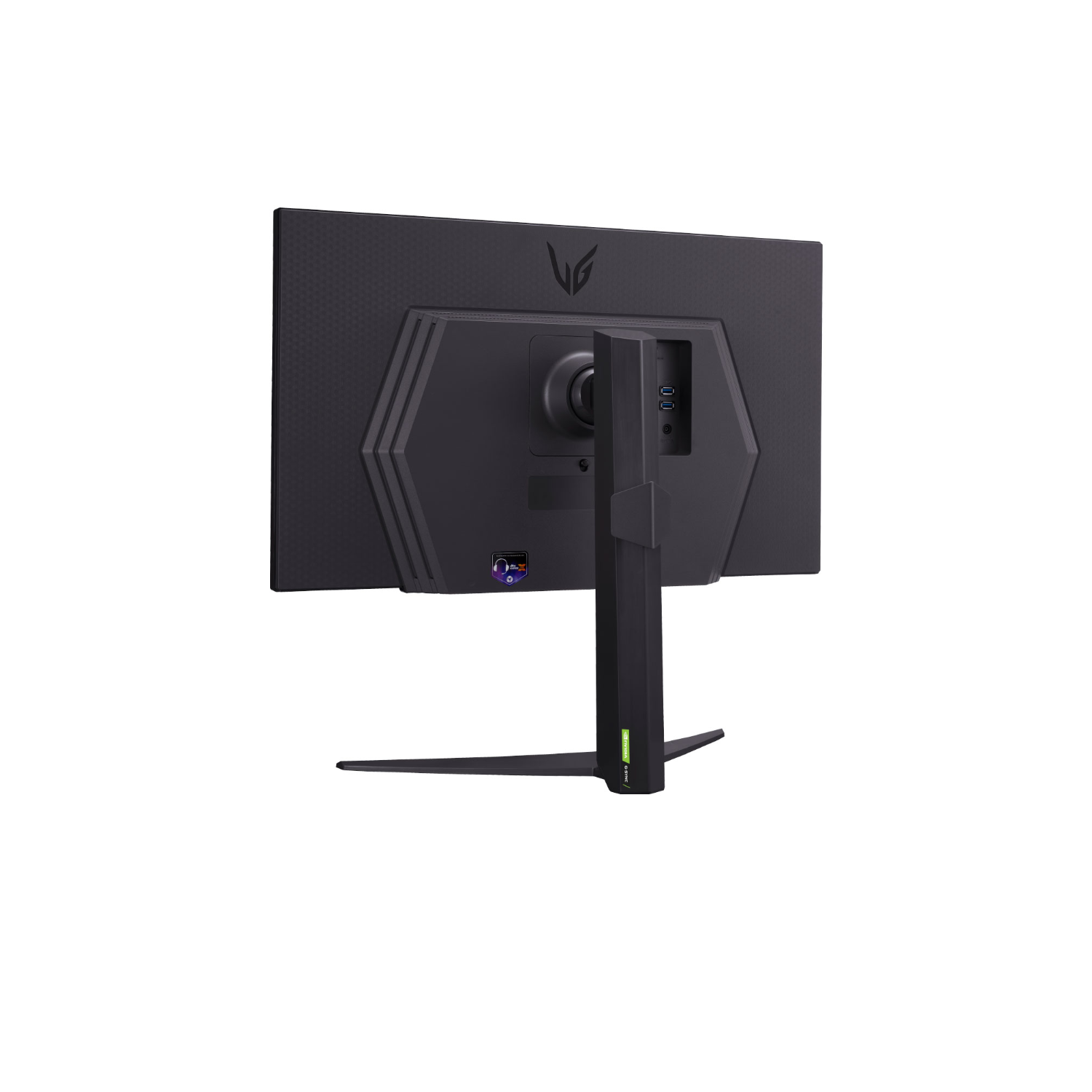 Widok z tyłu czarnego monitora na białym tle. Widoczny stojak i porty.