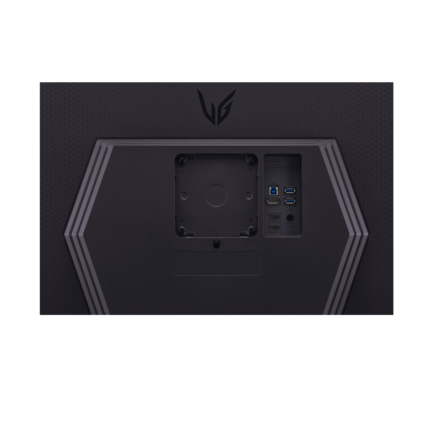 Tył czarnego monitora z portami i logo LG. Białe tło.