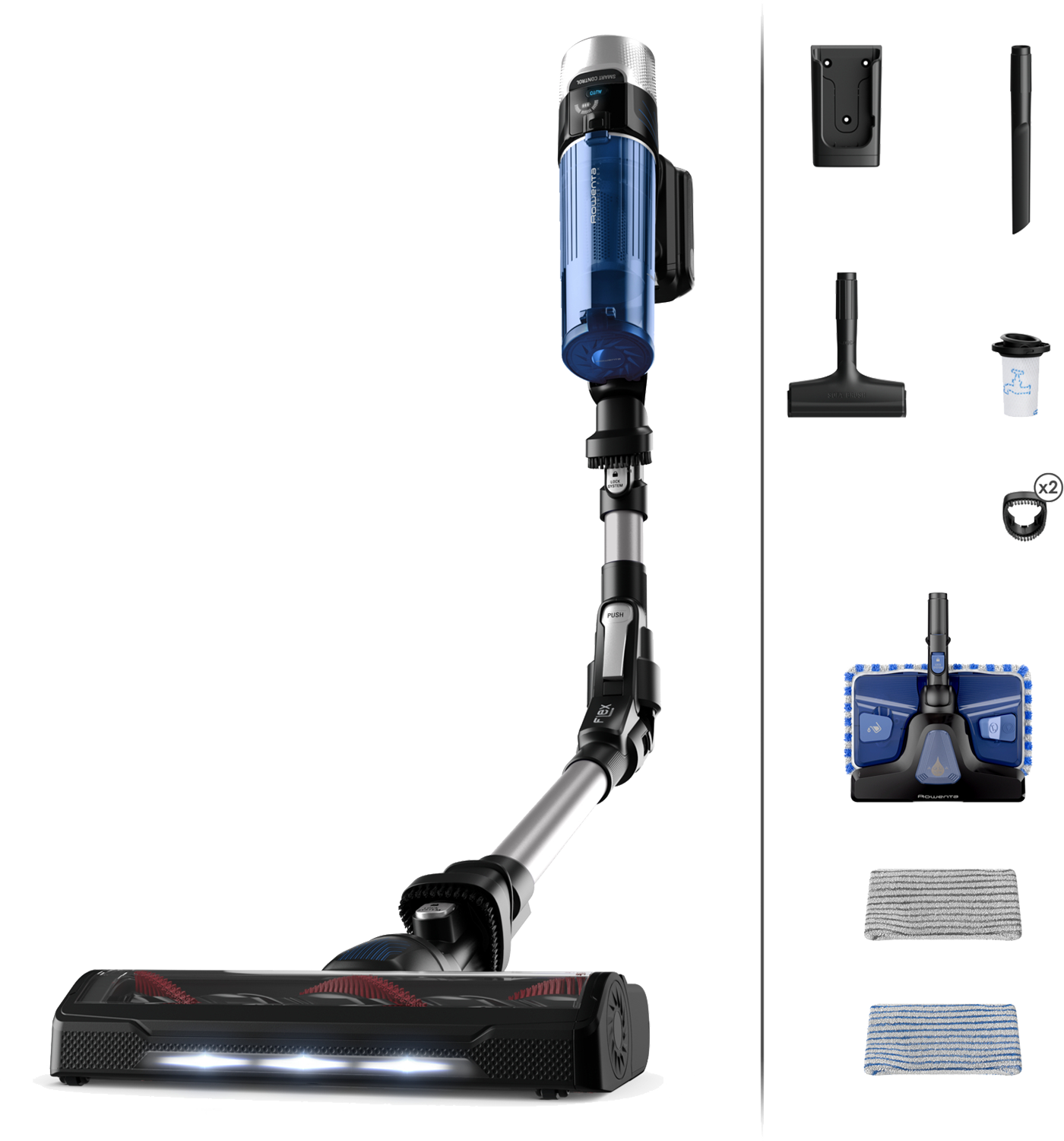 Aspirateur sans fil avec accessoires. Il est bleu, argenté et noir, sur fond noir.