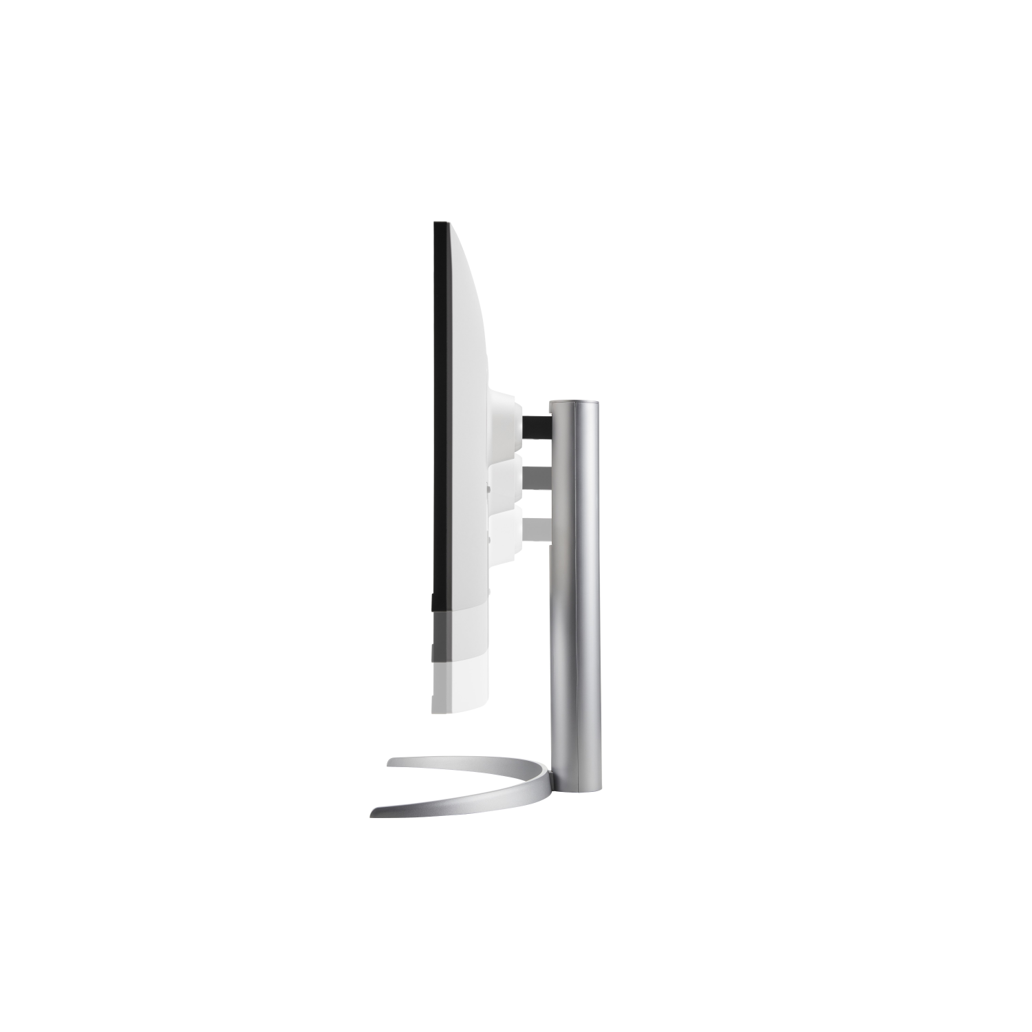 Monitor, vista laterale. Schermo bianco, supporto argentato, base curva.