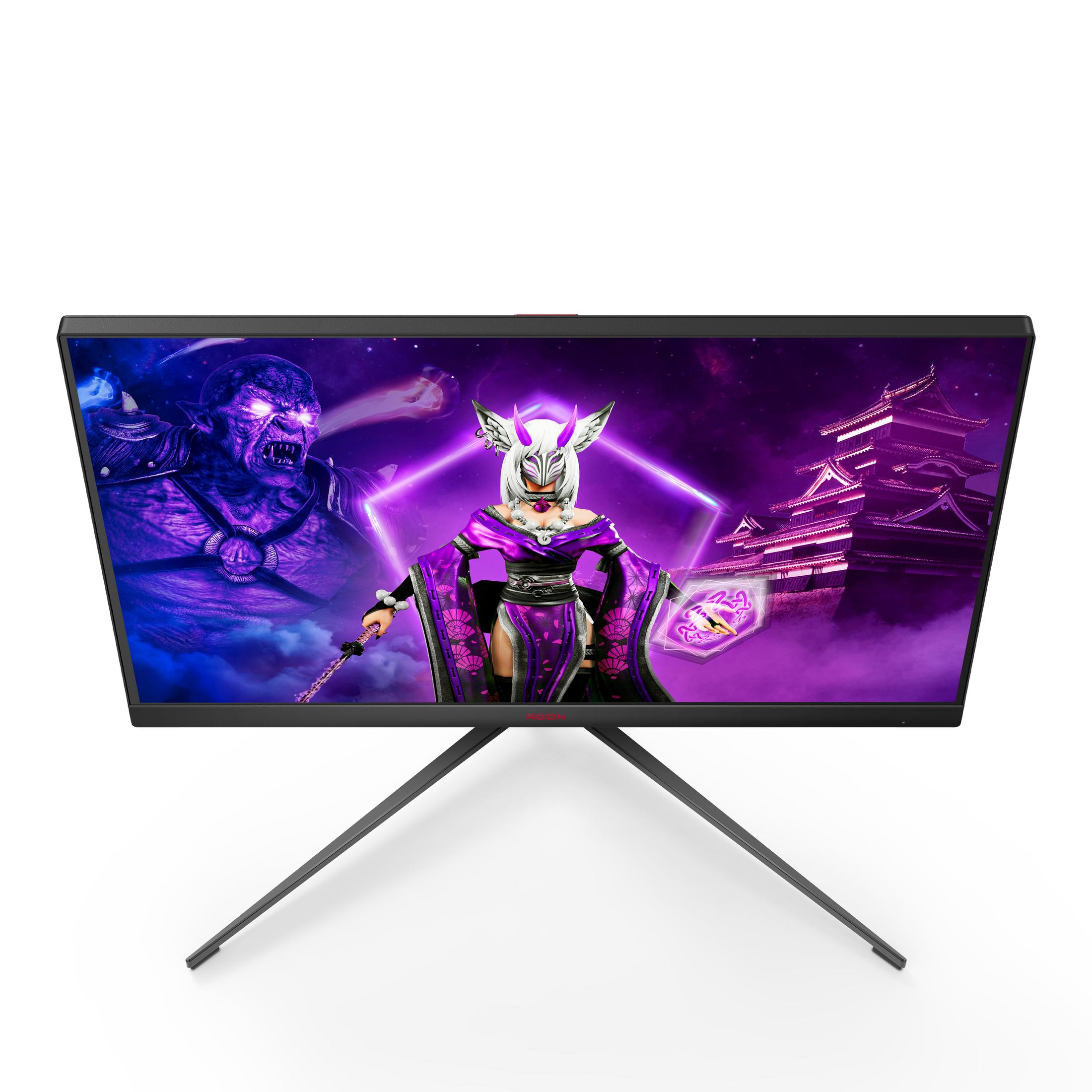 Ein schwarzer Gaming-Monitor, der eine Fantasieszene anzeigt, mit einem Ständer im Vordergrund.