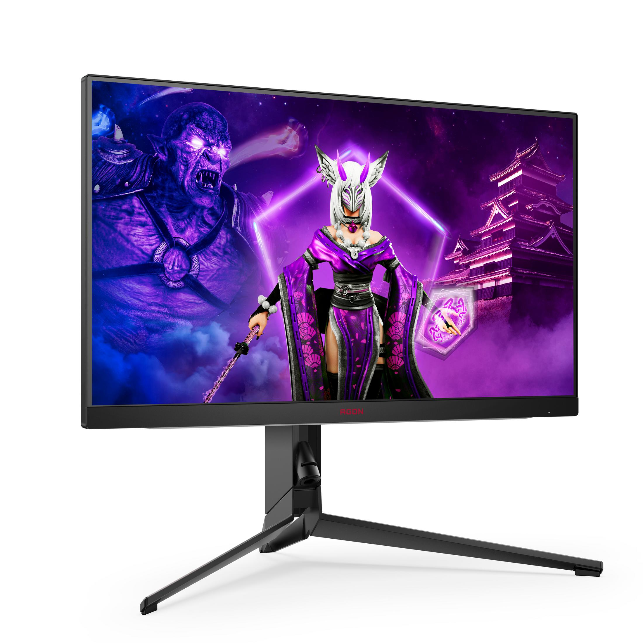 Gaming-Monitor zeigt eine Fantasy-Szene mit einem Charakter und einem Monster.