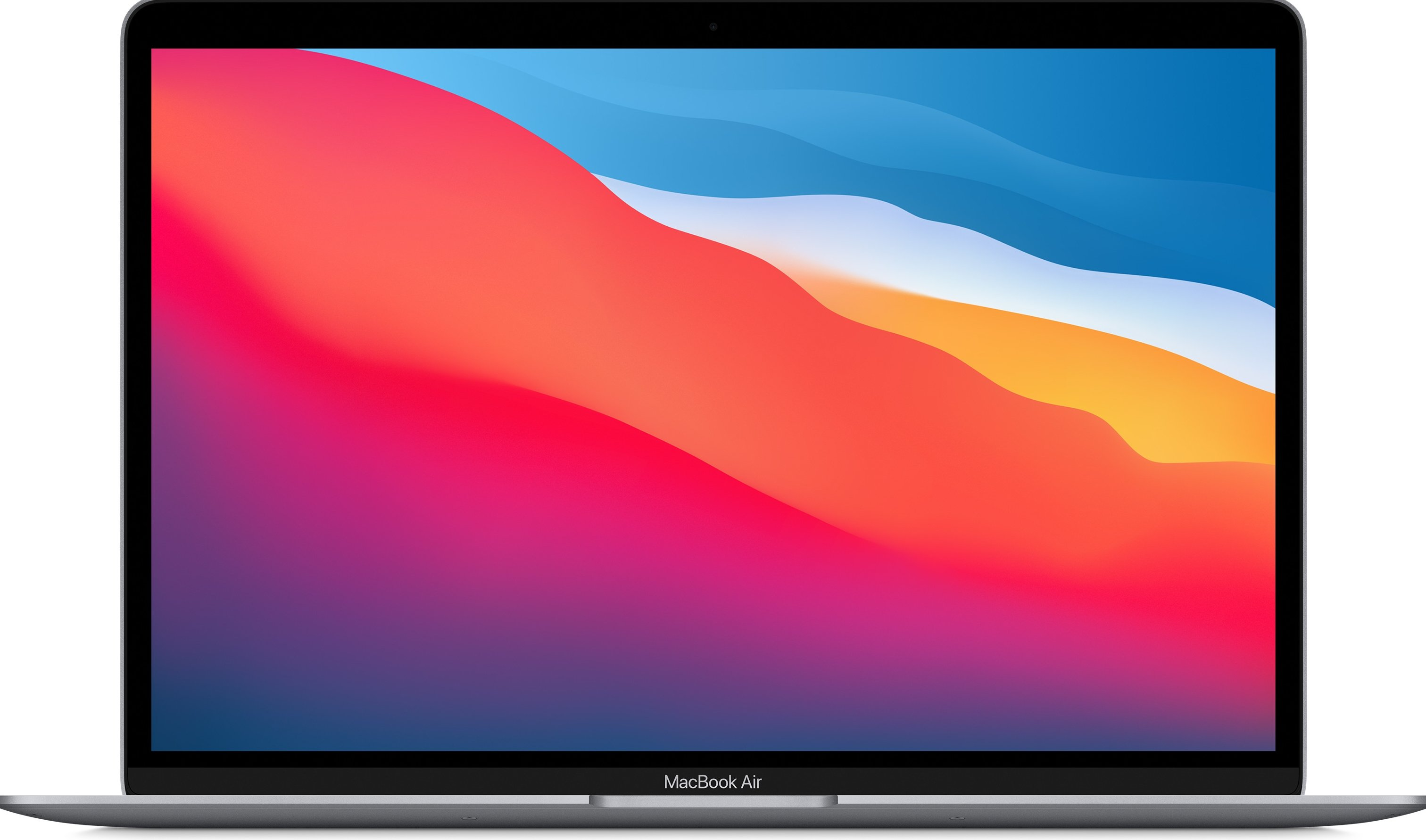 Een zilveren MacBook Air laptop met een kleurrijk scherm dat een levendige abstracte achtergrond weergeeft.