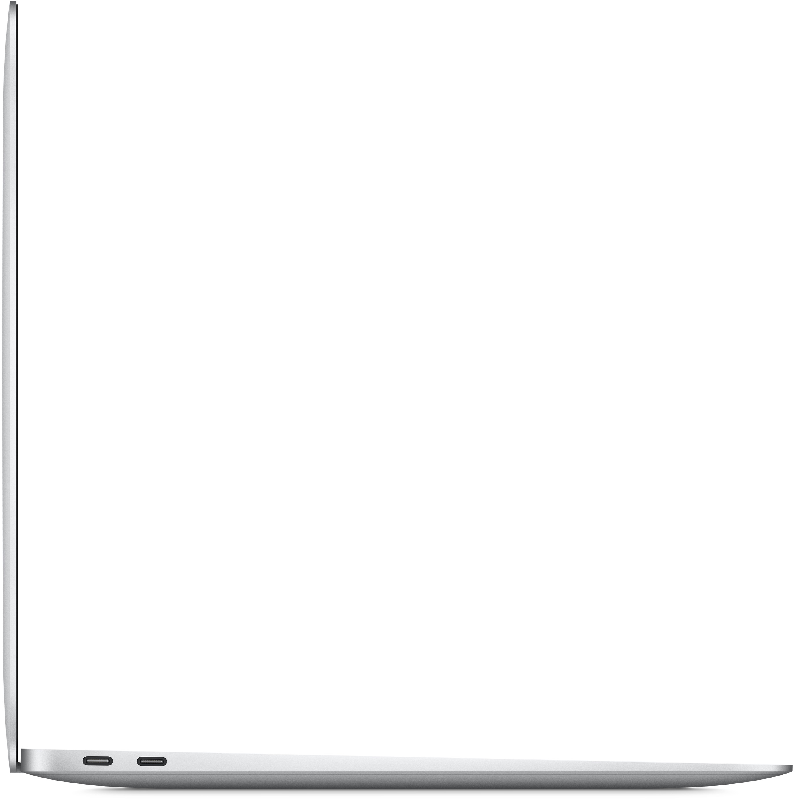 Seitenansicht eines silbernen Laptops, geschlossen, mit zwei sichtbaren Anschlüssen, auf weißem Hintergrund.