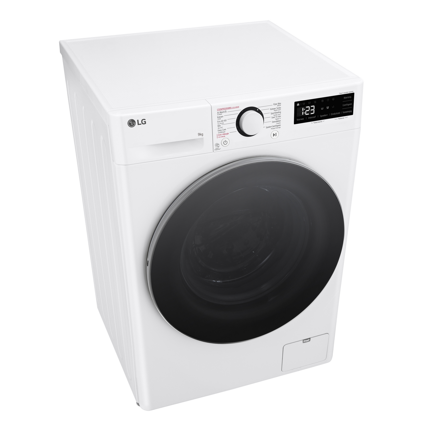White LG washing machine top view. Control panel and digital display on top. Black door frame.