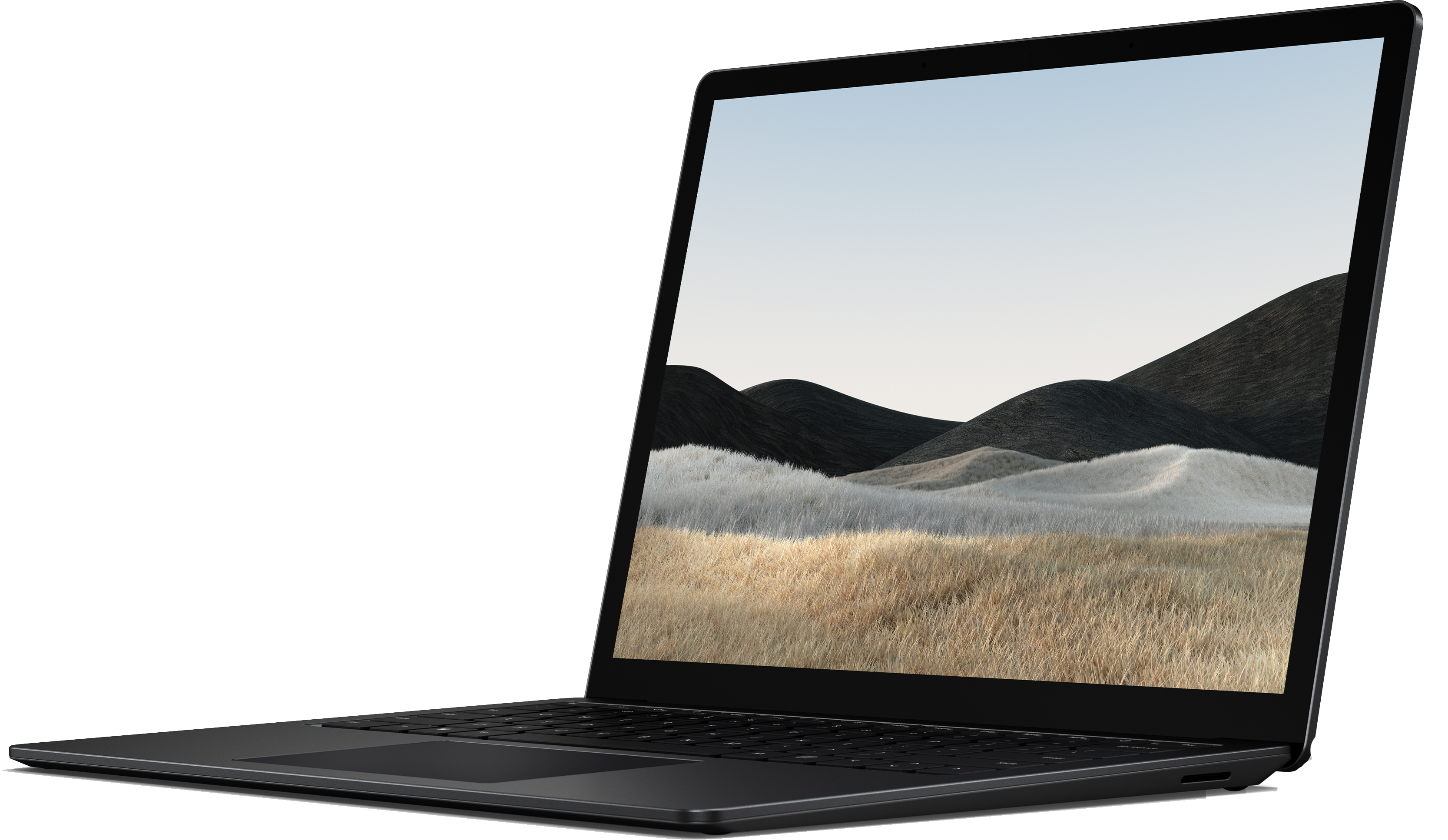 Black laptop, open, showing a screen with a landscape image, angled view.
