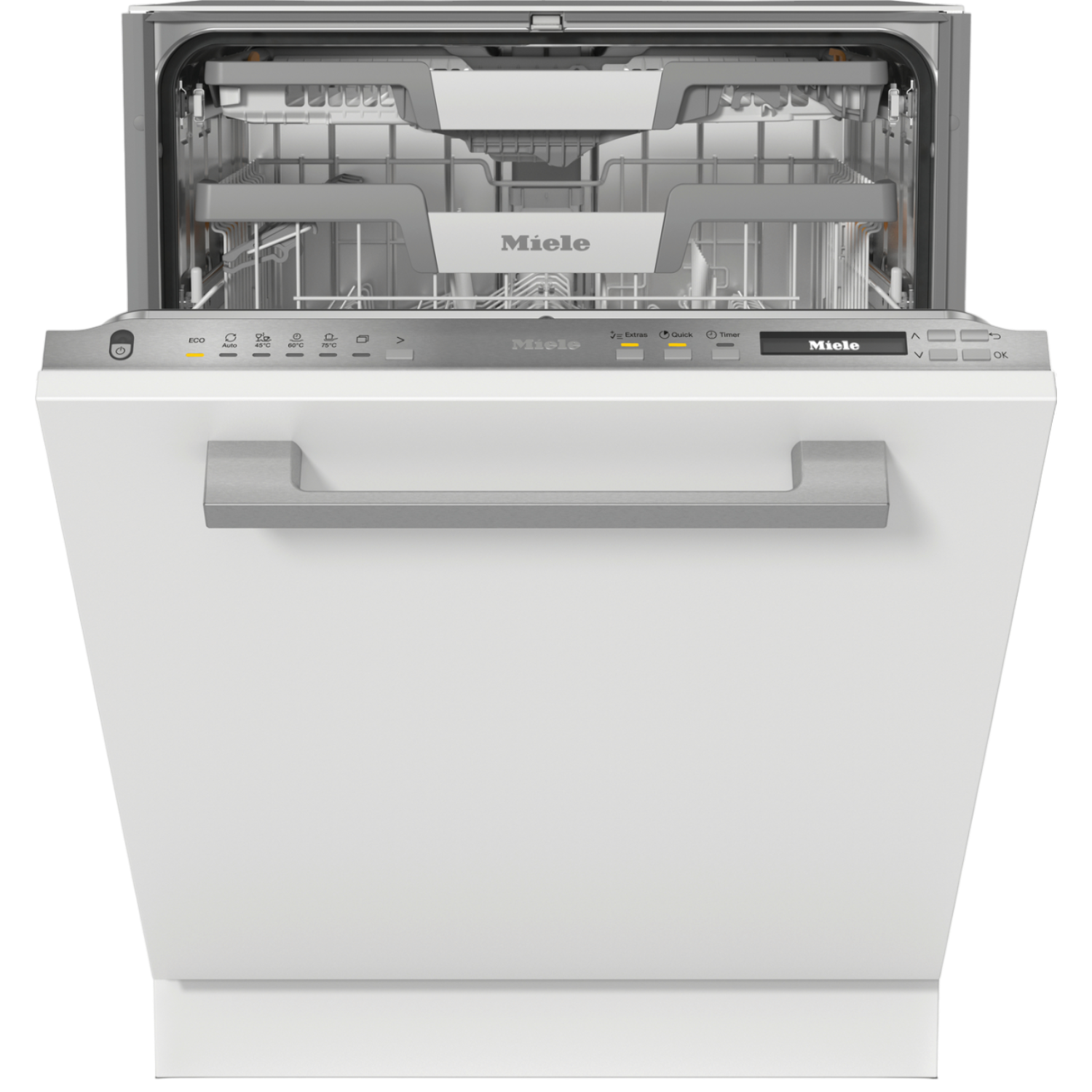Lavastoviglie Miele bianca aperta con cestelli visibili.