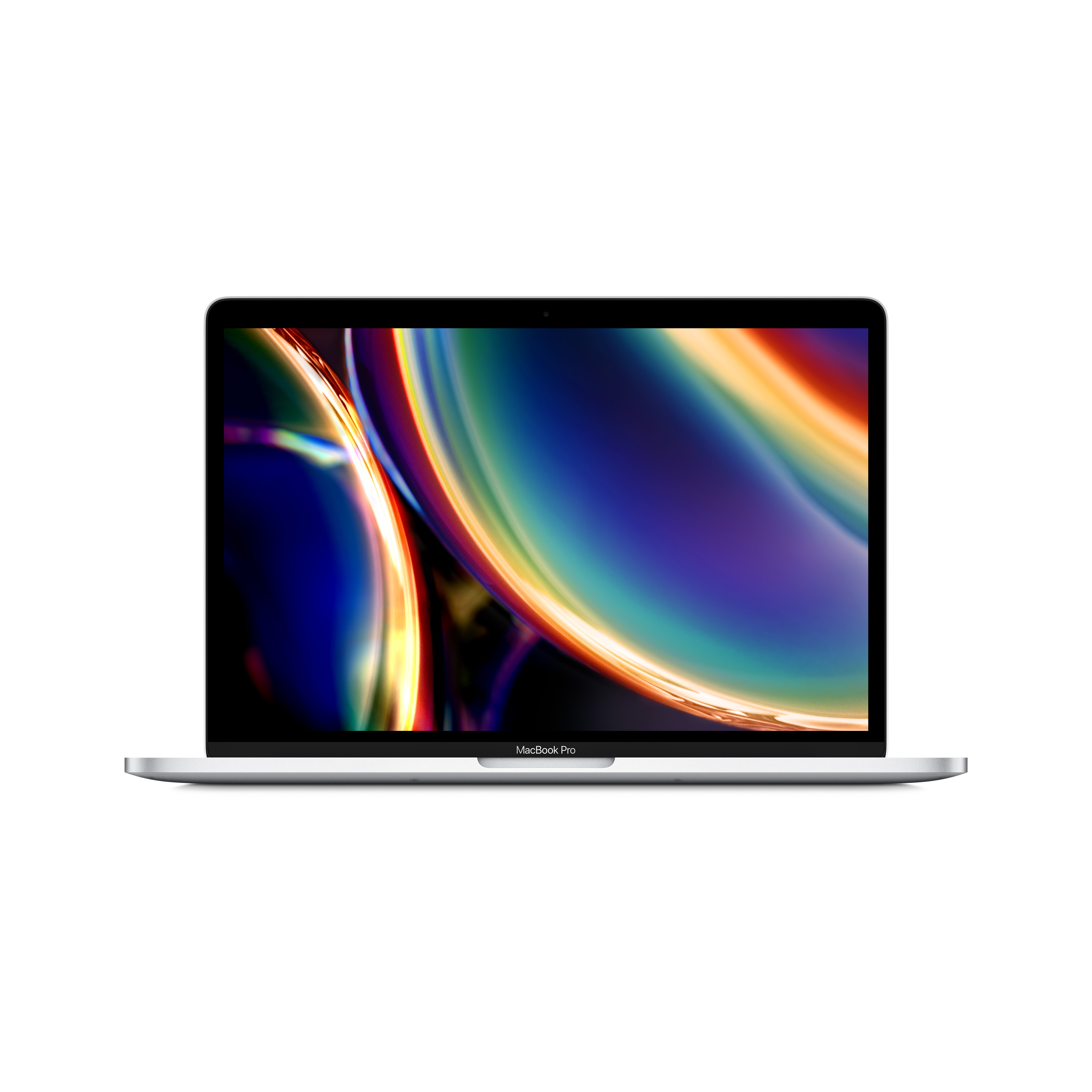 MacBook Pro plateado con pantalla arcoíris sobre fondo blanco. Teclado visible.