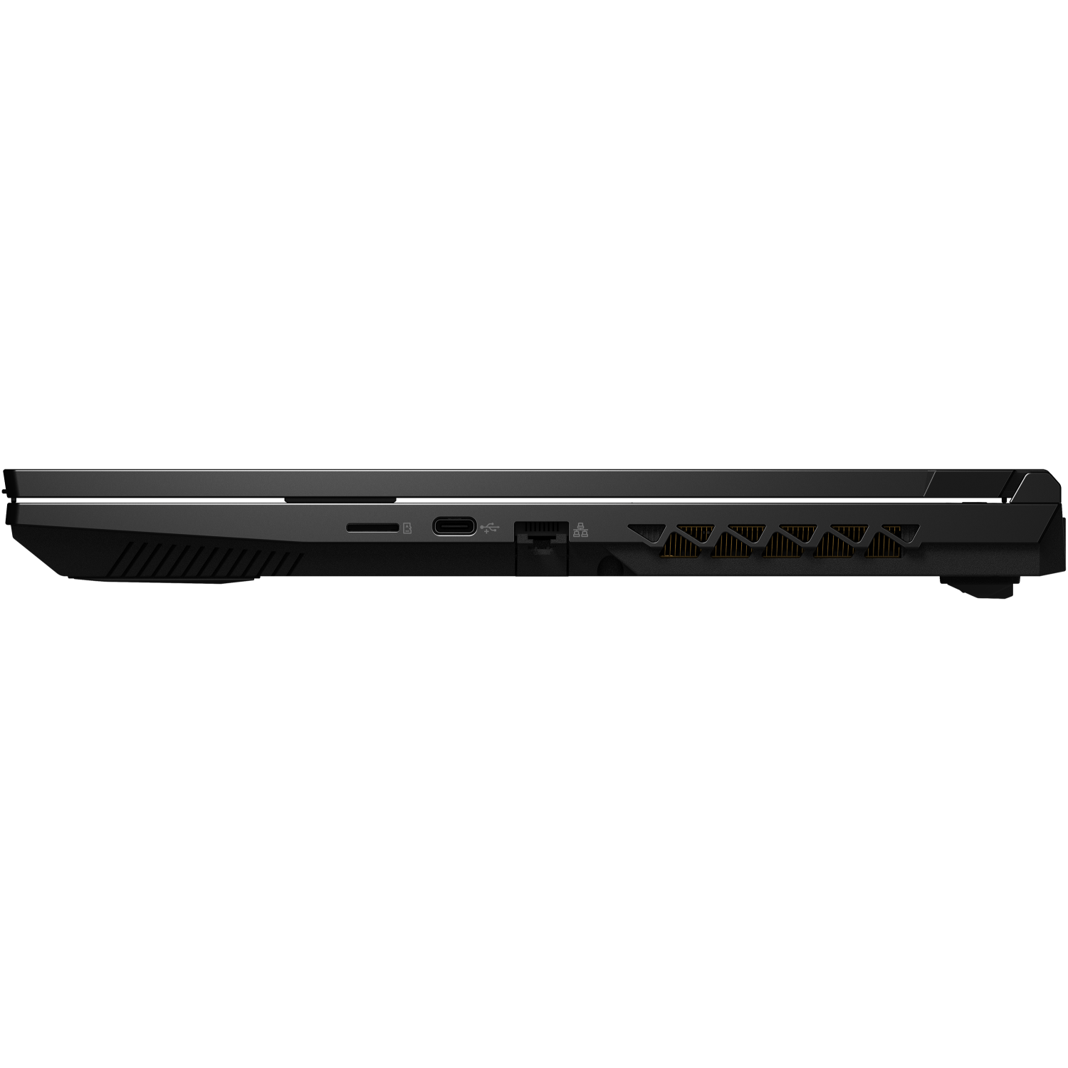 Black laptop profile, showing ports and vents, angled view on a black background.