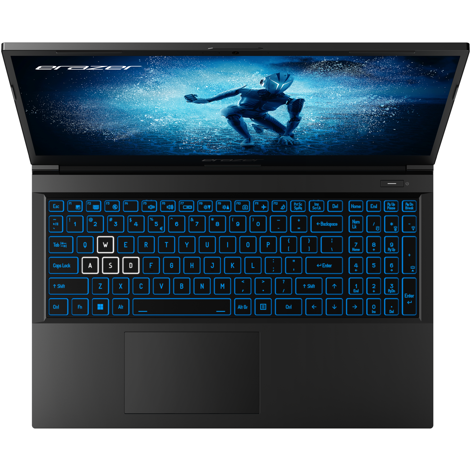 Black Brazer laptop, open, blue backlit keyboard, gamer image on screen, black background.