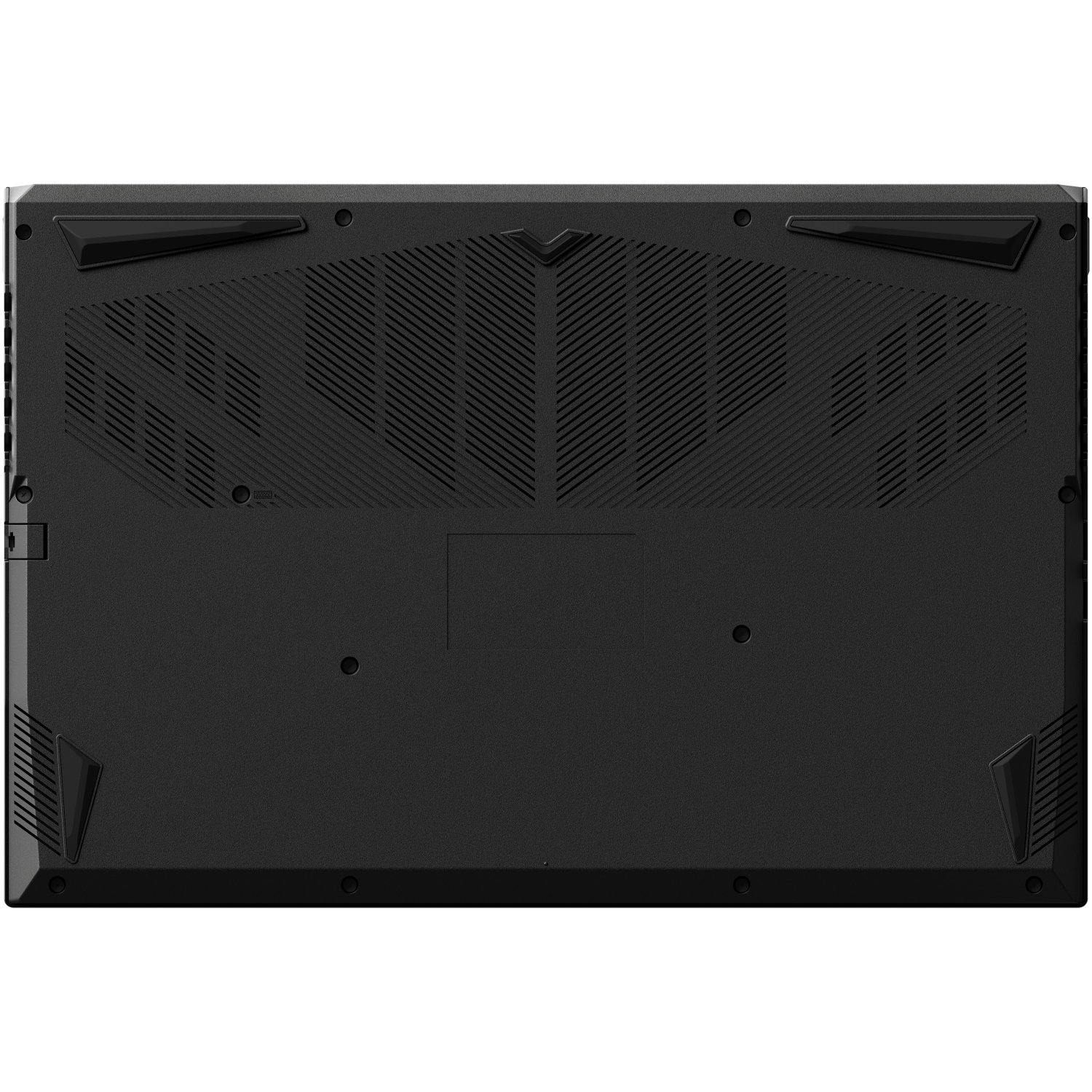 Black laptop base with ventilation holes and rubber feet. The bottom of the laptop is visible.