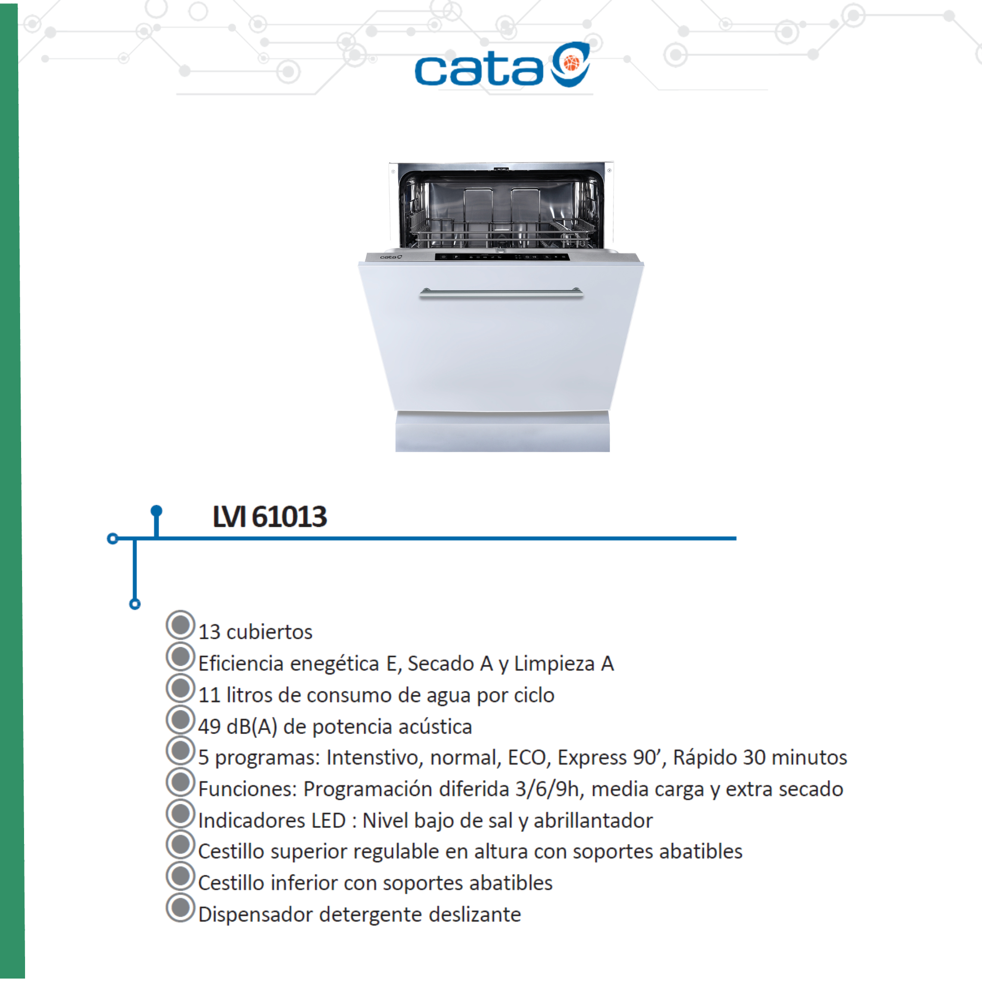 Lavavajillas Cata blanco. Texto detalla las características del producto. Incluye cubiertos y programas.