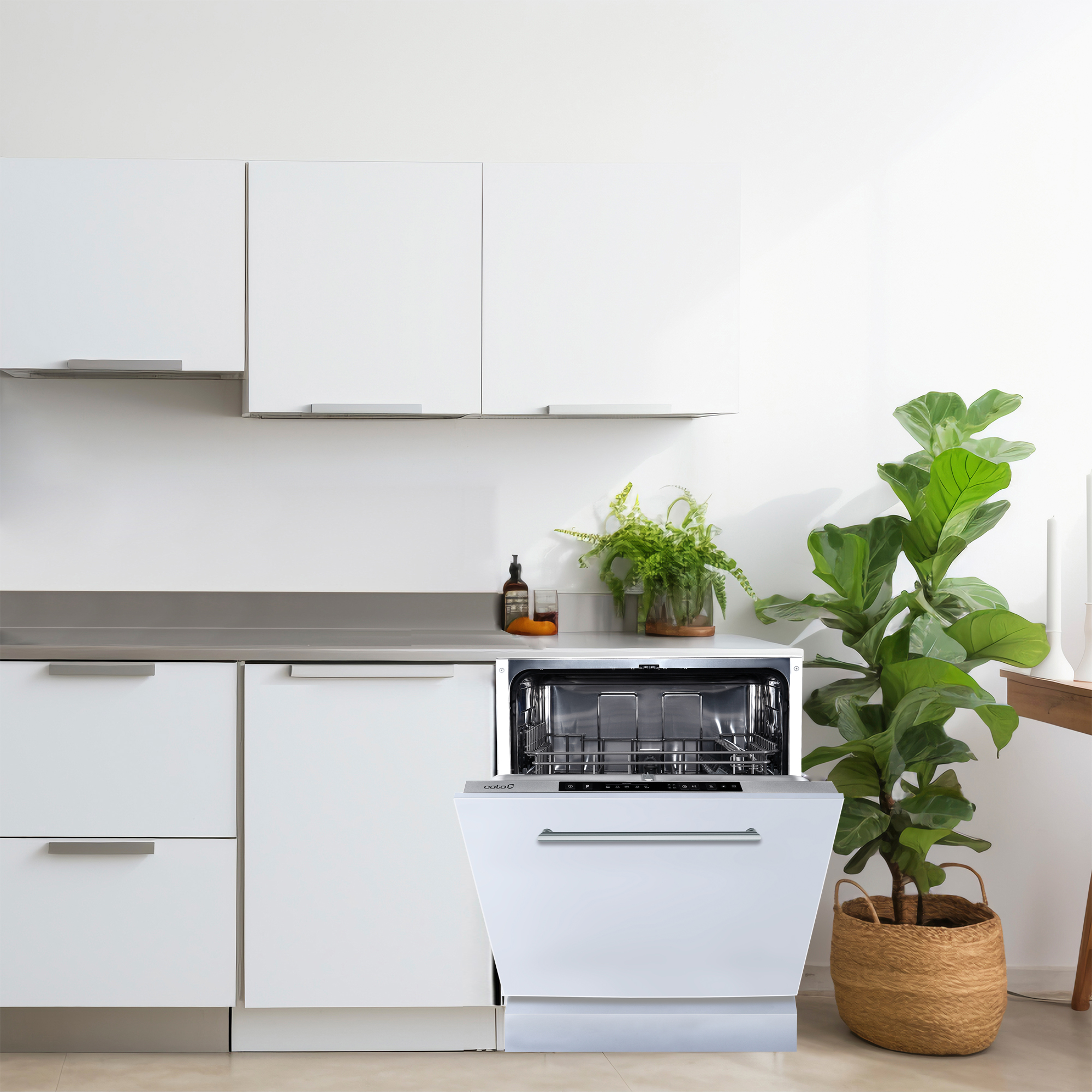 Cocina blanca con lavavajillas abierto. Armarios blancos, planta en cesta.