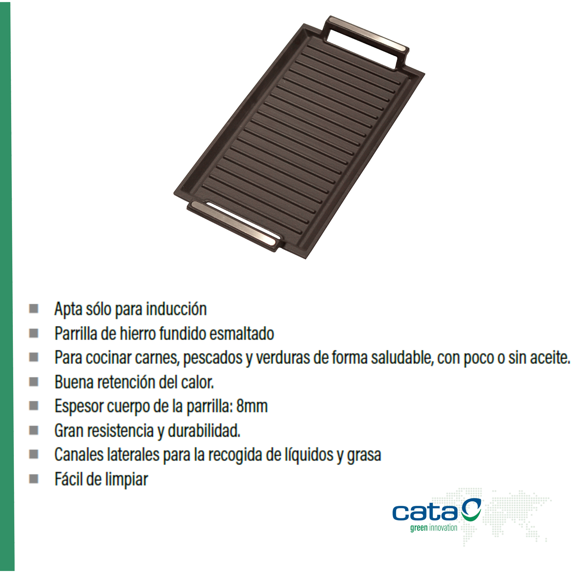 Sartén parrilla rectangular de hierro fundido con asas.