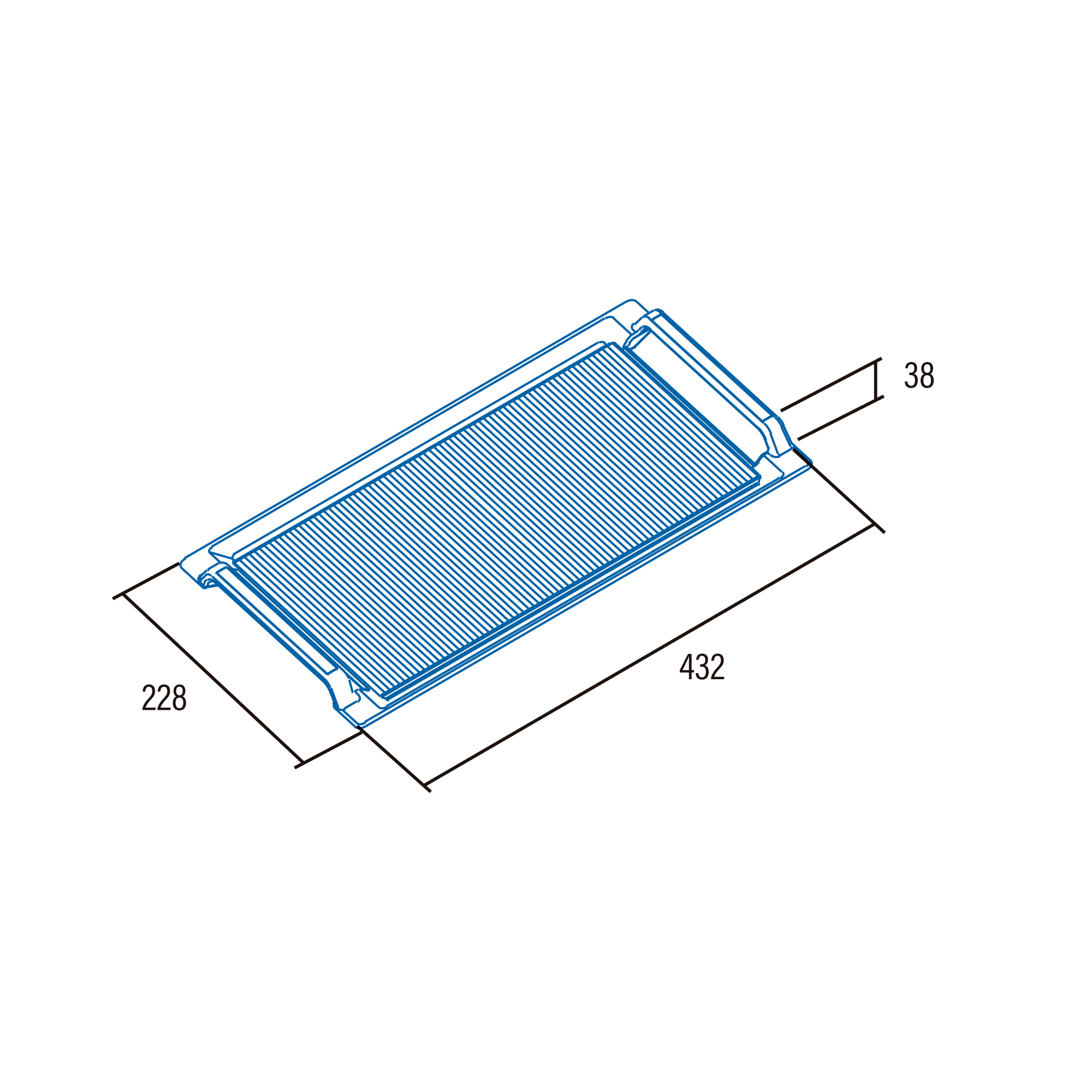 Placa de parrilla rectangular, con dimensiones en milímetros mostradas.