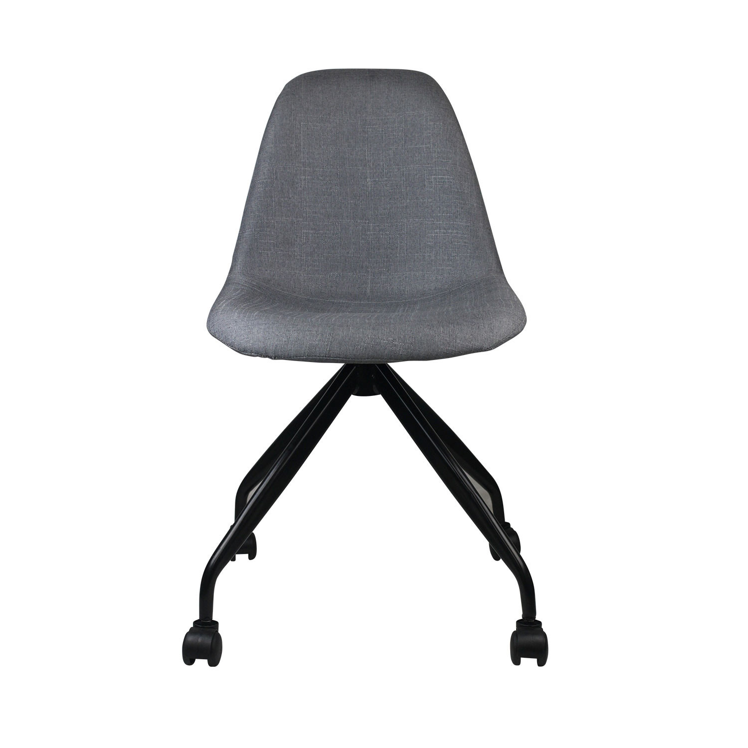 Silla de oficina gris con estructura y ruedas negras. Fondo blanco.