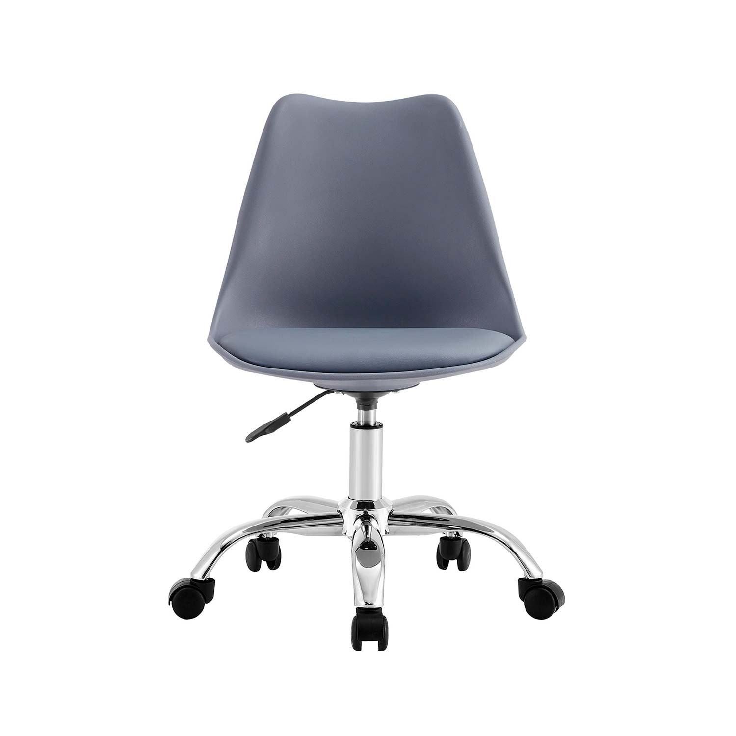Silla de oficina gris. Base cromada con ruedas. Asiento y respaldo grises. Diseño simple y moderno.