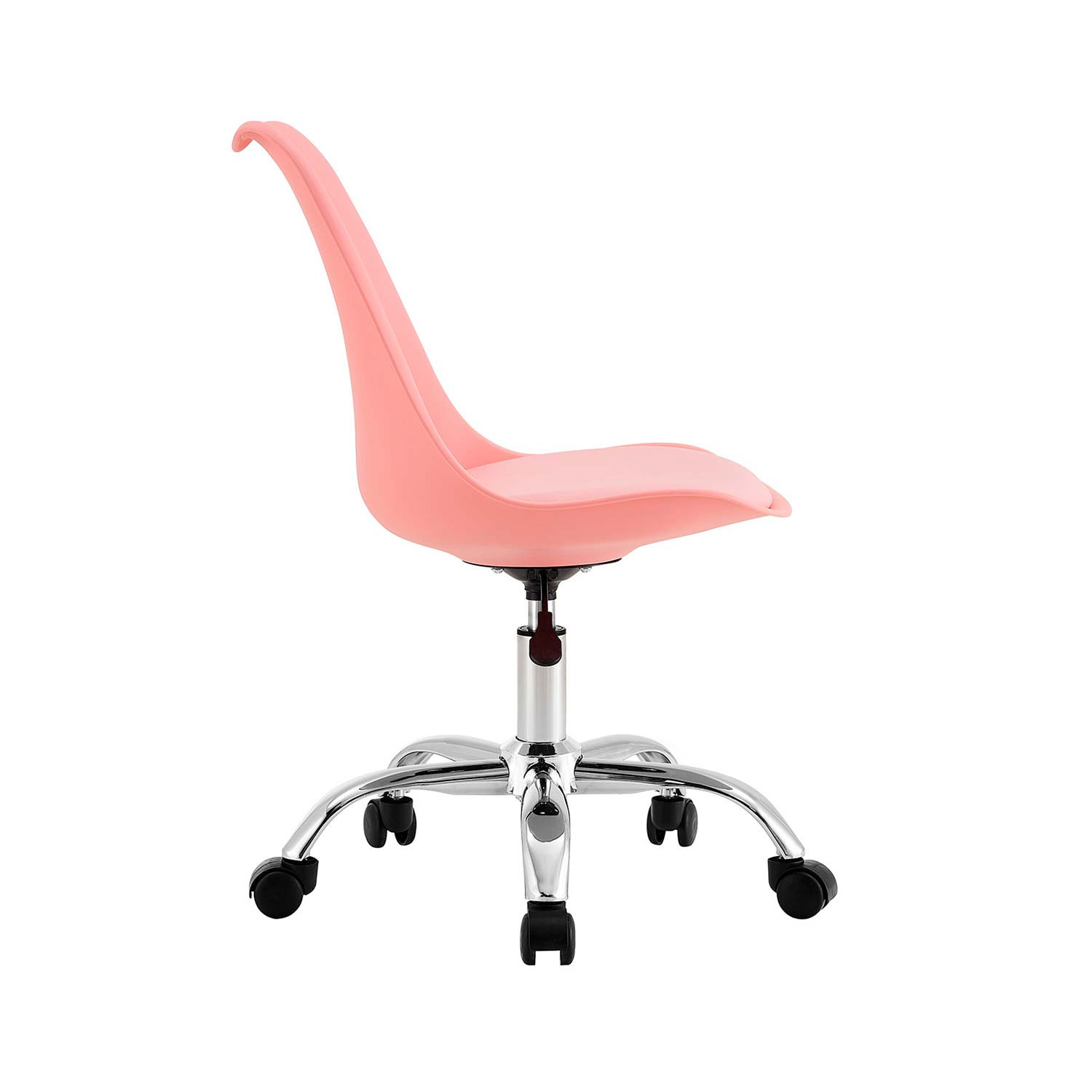 Una silla de oficina rosa con asiento rosa y base cromada con ruedas negras.