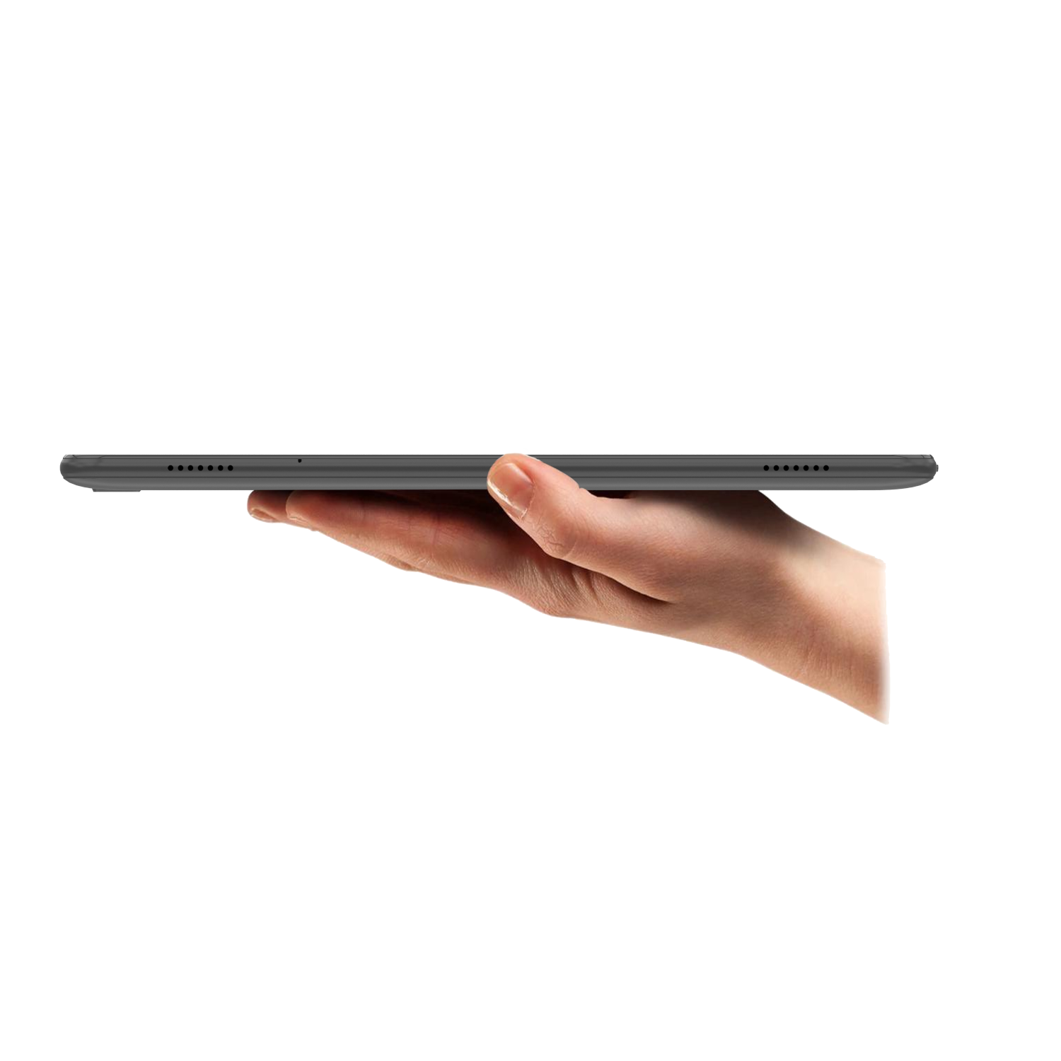 Seitenansicht eines grauen Tablets, das von einer Hand vor weißem Hintergrund gehalten wird.