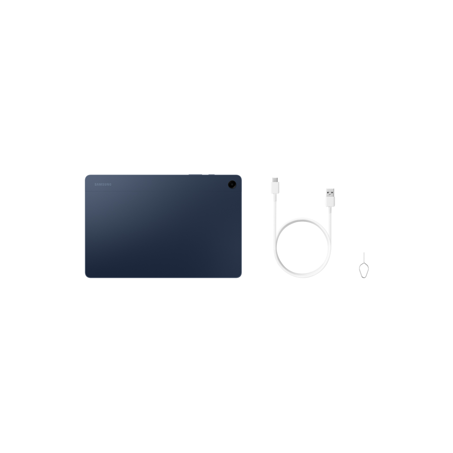 Tablet blu scuro, cavo bianco e piccolo perno metallico su sfondo bianco.