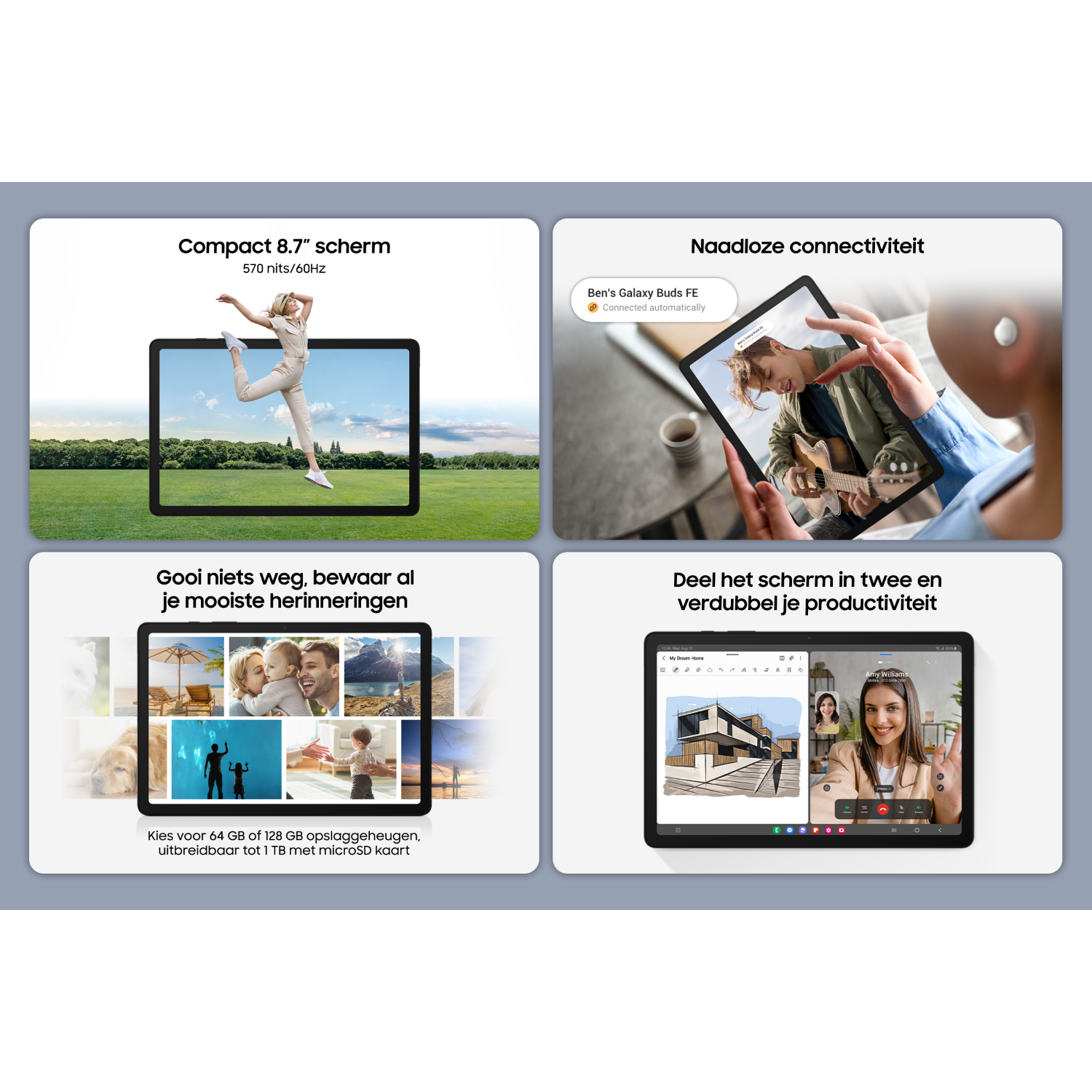 Tablet ze zdjęciami. Tekst opisuje rozmiar ekranu, pamięć masową i funkcje łączności.