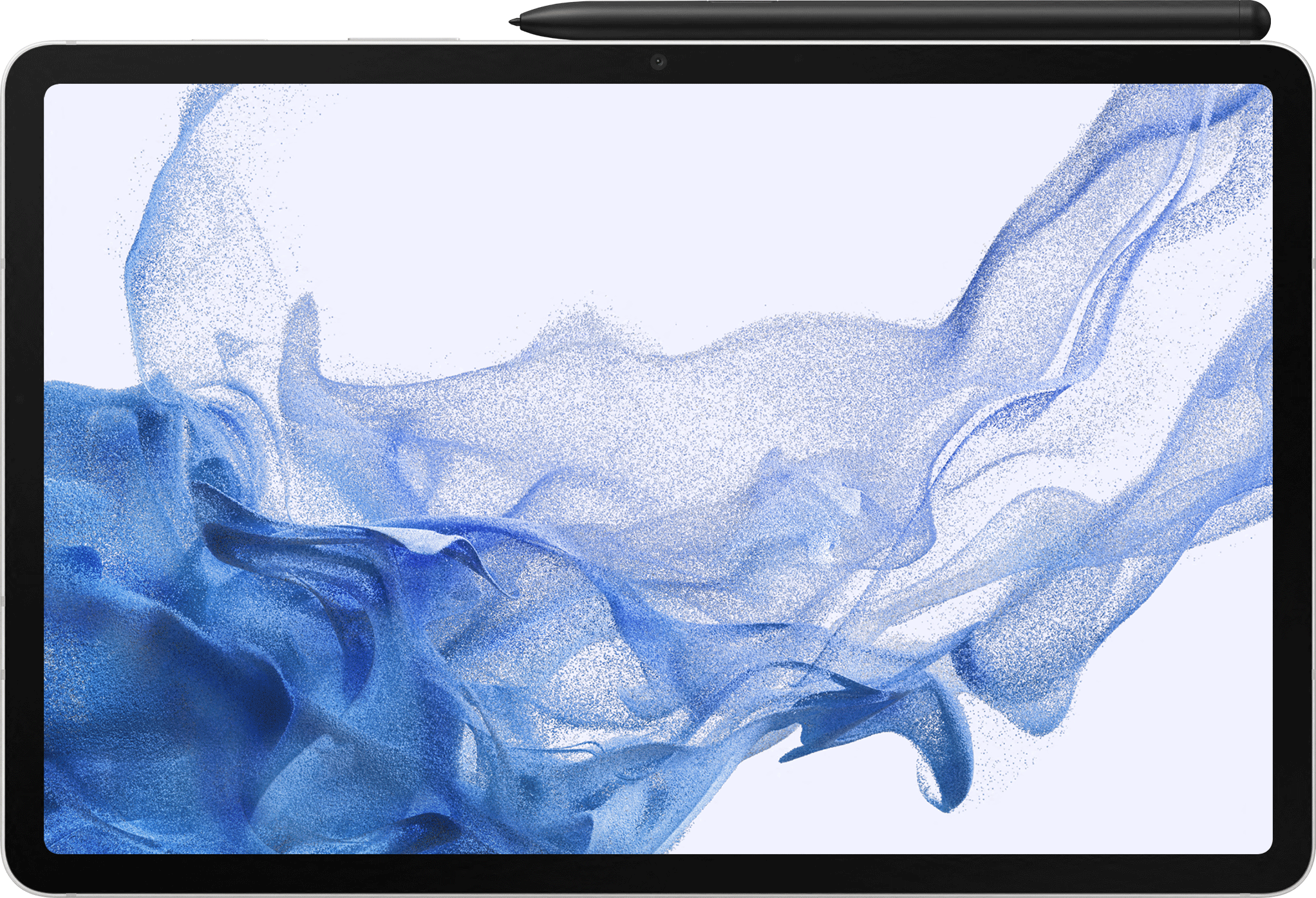 Tablet und Eingabestift auf weißer Oberfläche mit blauem Hintergrund.