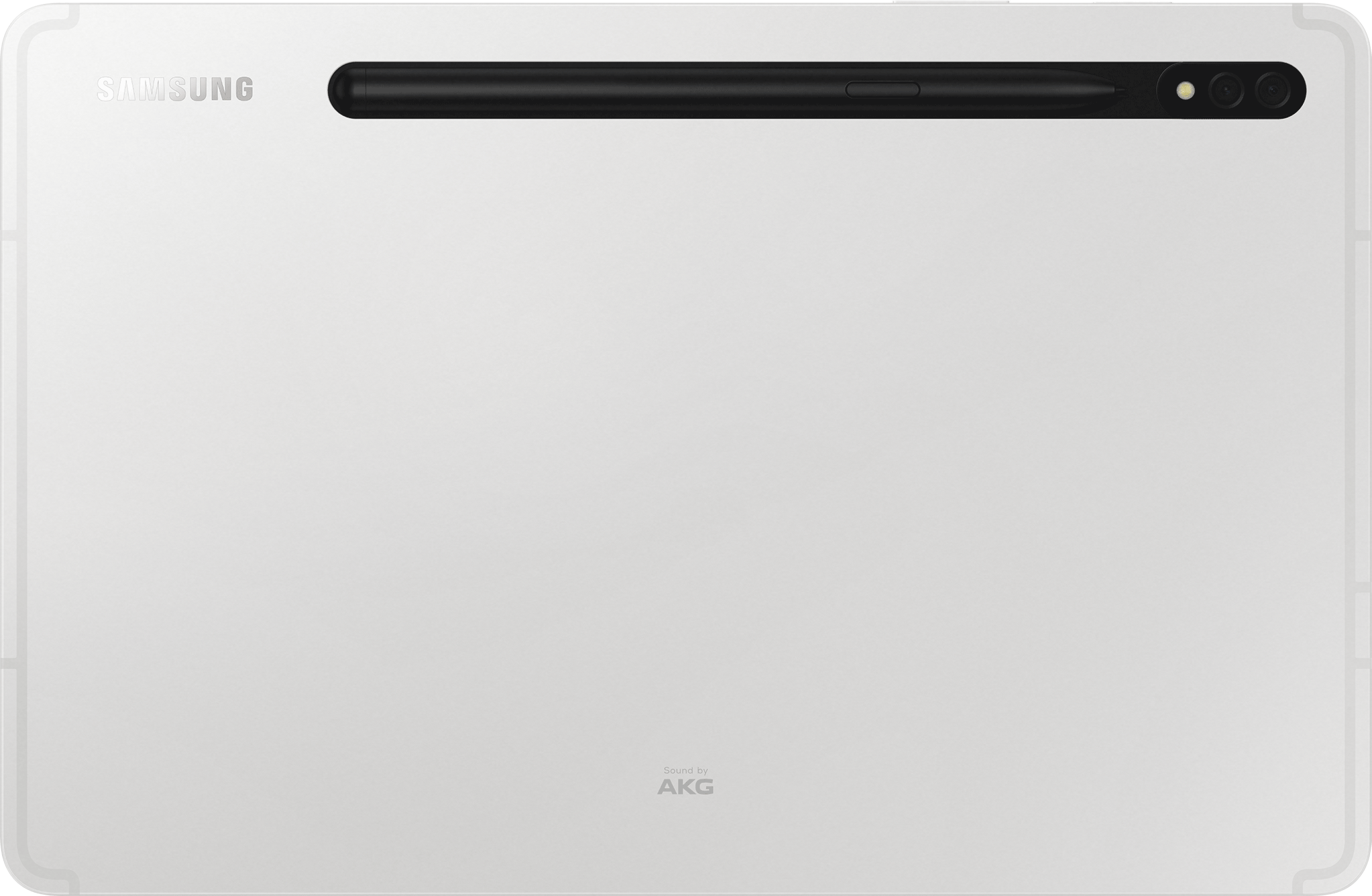 Weißes Samsung Tablet mit schwarzem Stift oben und AKG-Logo unten.