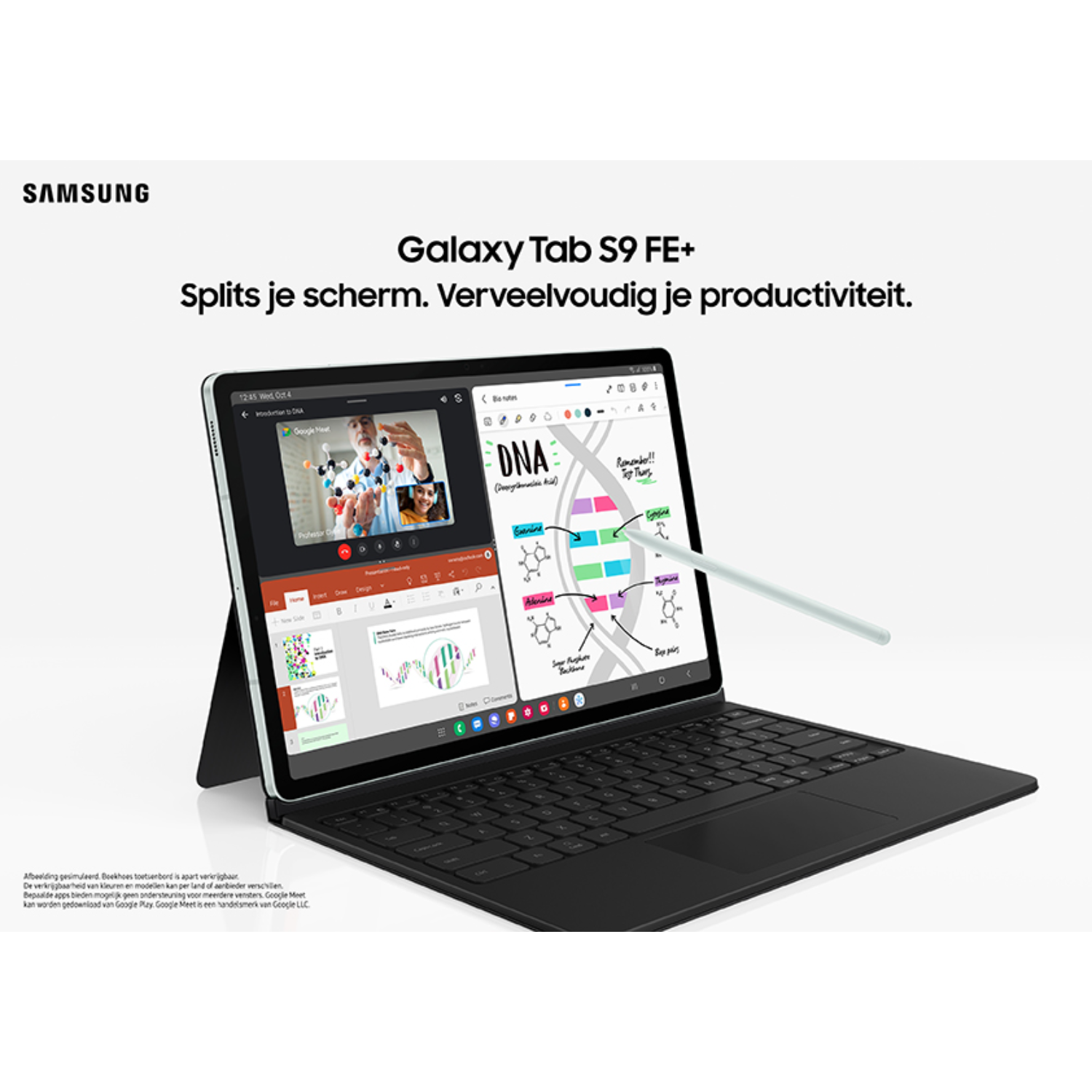 Ein Tablet mit Tastatur und Stift. Der Bildschirm zeigt eine Präsentation und eine Website.