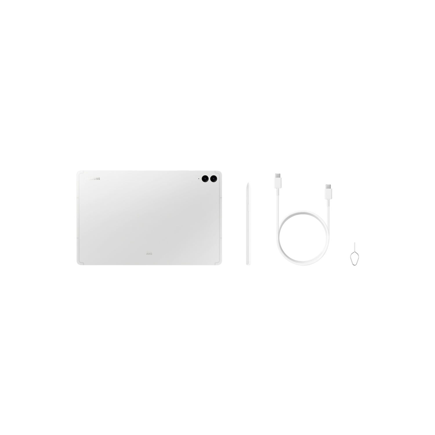 Witte Samsung tablet met accessoires, waaronder een stylus en oplaadkabel.