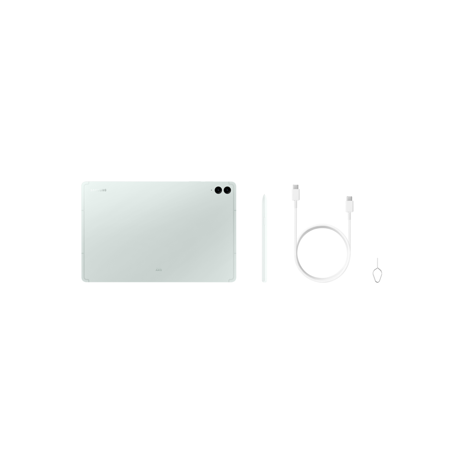 Un tablet verde menta, uno stilo, un cavo bianco e una spilla su sfondo bianco.
