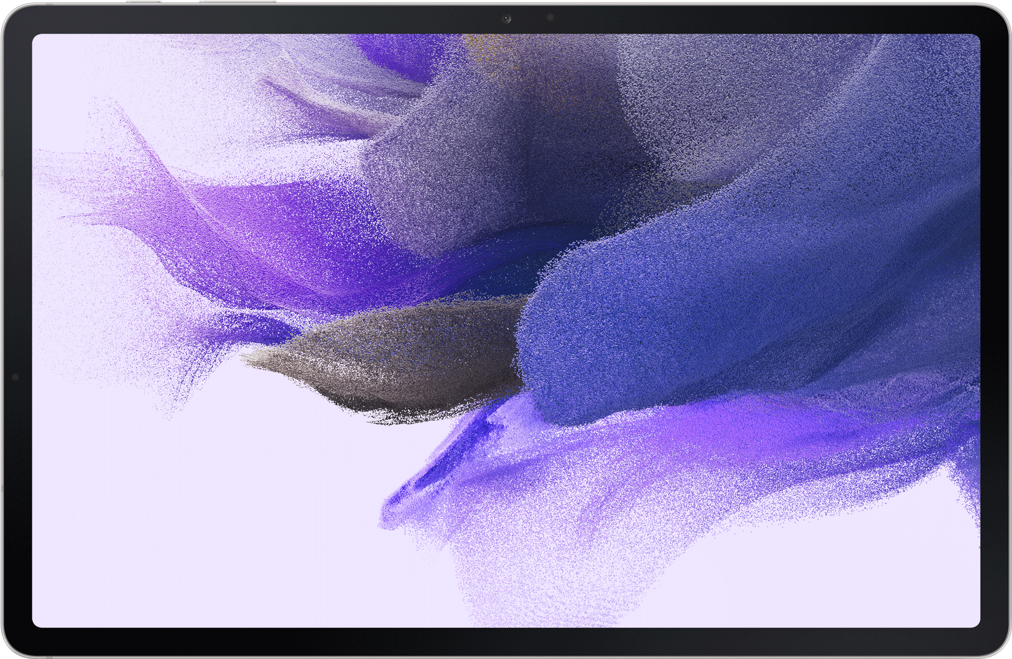 Ein Tablet mit weißem Rand zeigt ein verschwommenes Bild in Lila und Weiß.