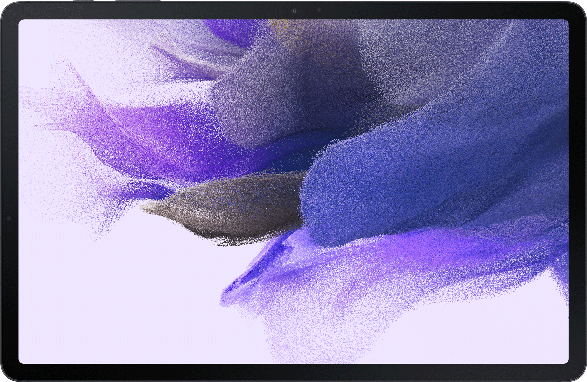 Zwarte tablet met een witte, paarse en blauwe abstracte achtergrond.