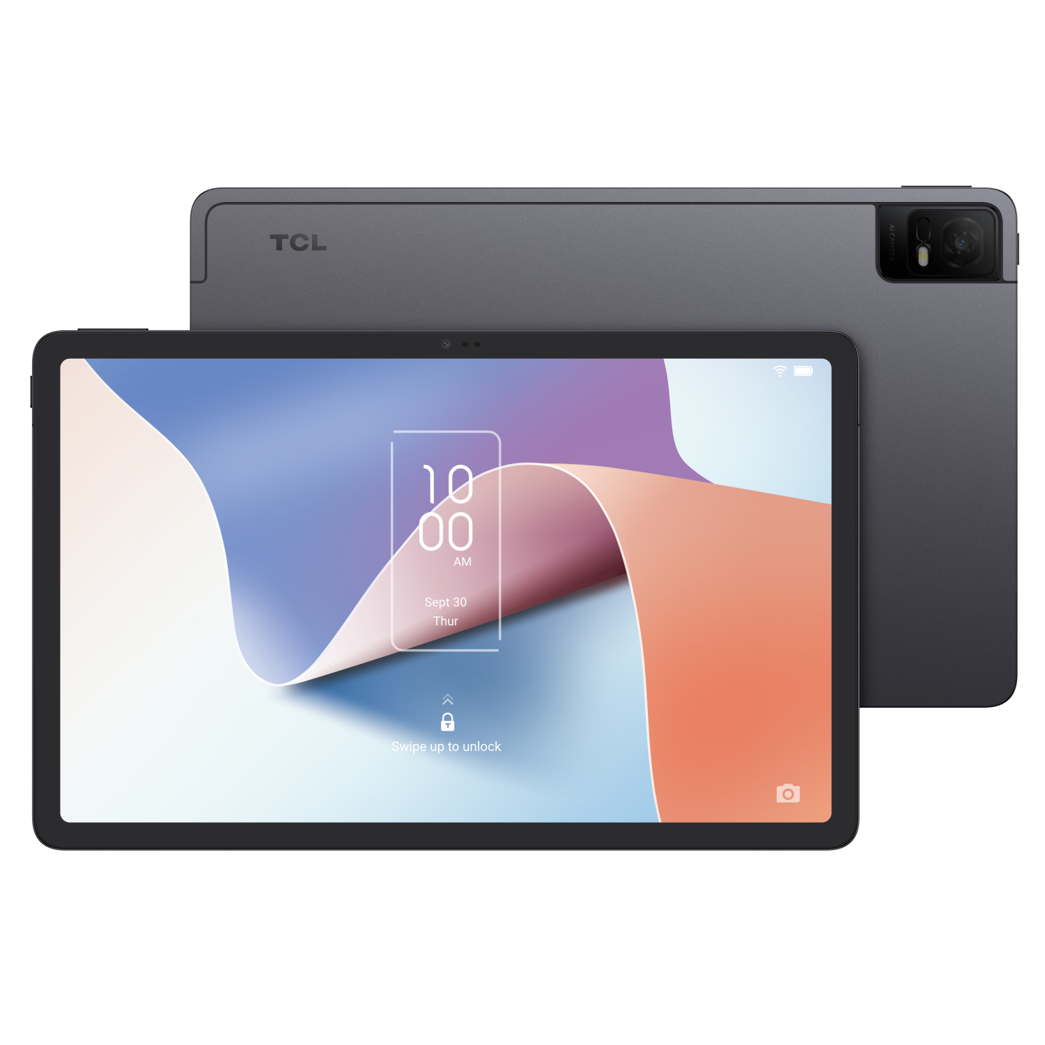 Ein graues TCL-Tablet mit Vorder- und Rückansicht, das die Oberfläche und Kamera zeigt.
