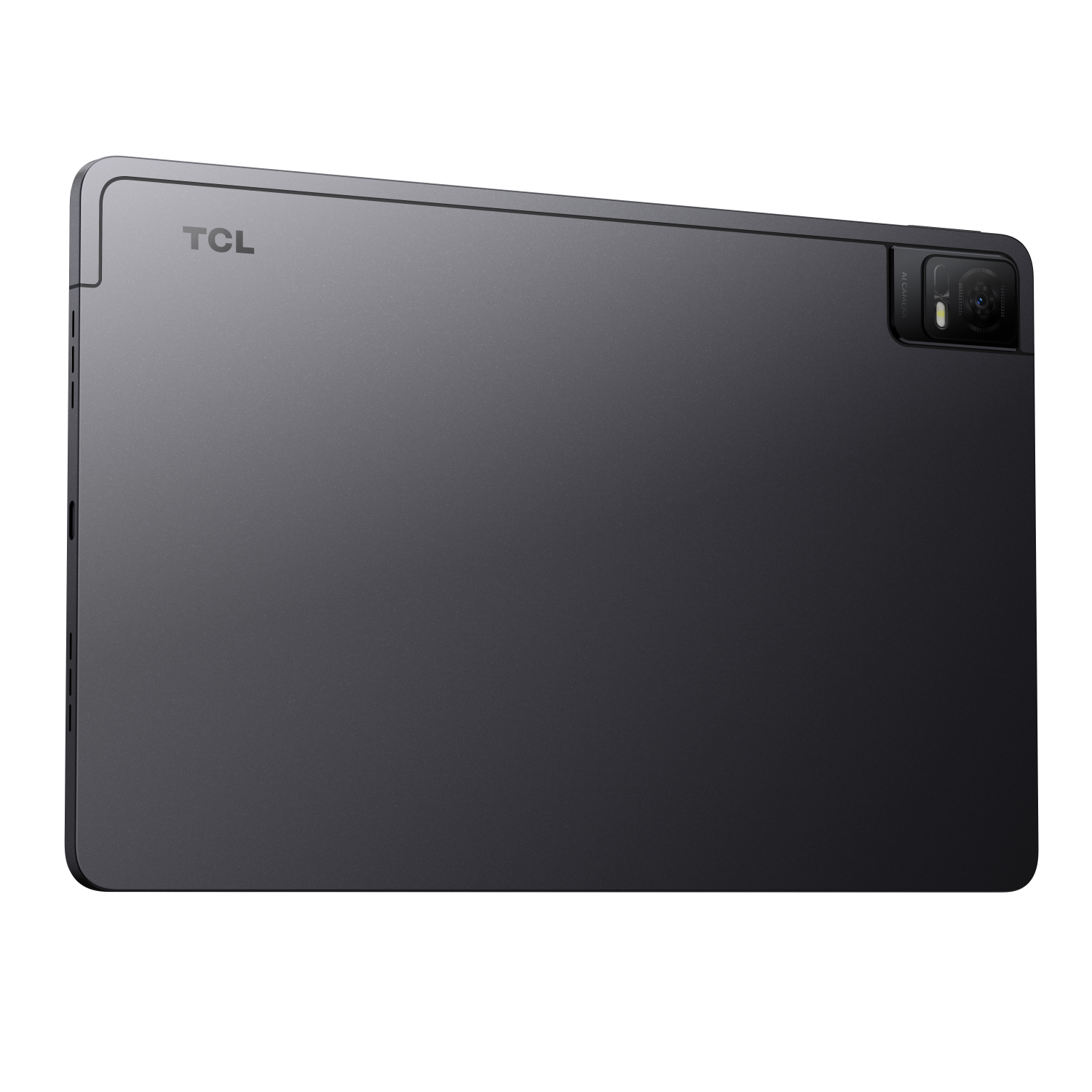 Rückseite eines grauen TCL-Tablets. Verfügt über eine Kamera und das TCL-Logo.