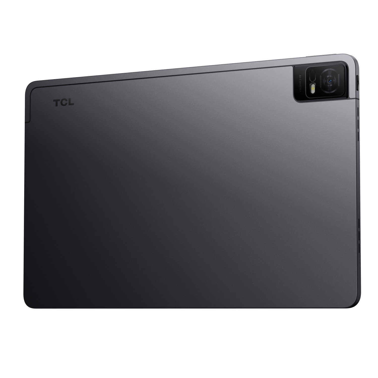 Rückseite eines dunkelgrauen Tablets mit TCL-Logo und Kamera.