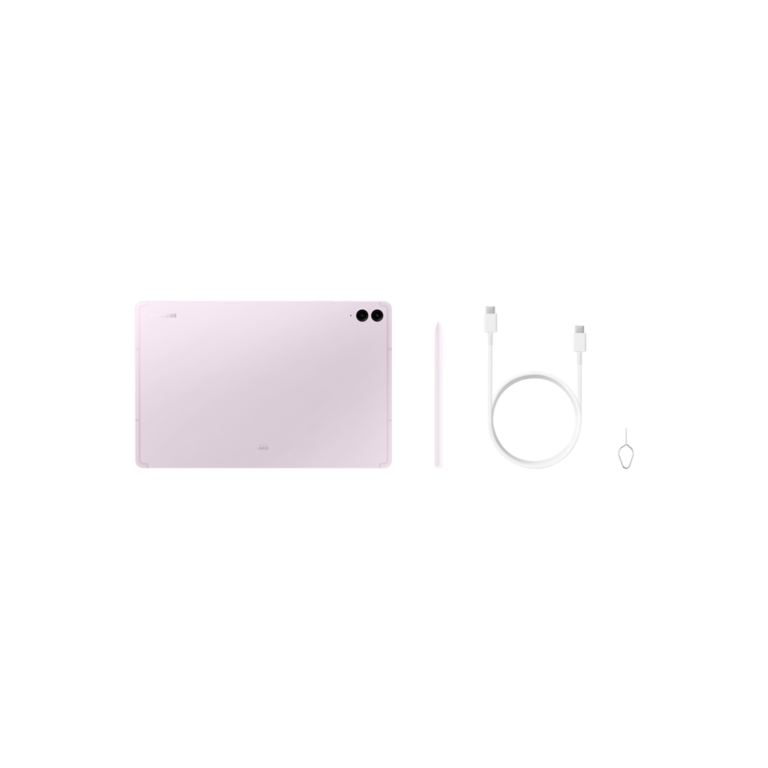 A pink tablet with a stylus, charging cable, and a SIM card removal tool.