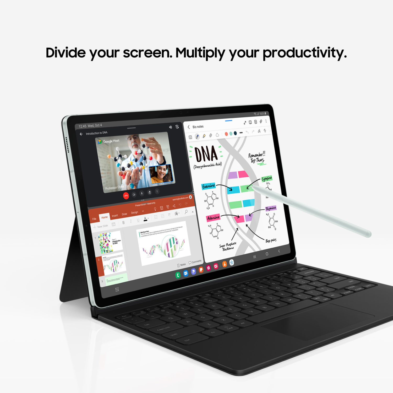 Tablet z klawiaturą, pokazujący połączenie wideo i dokument z notatkami.