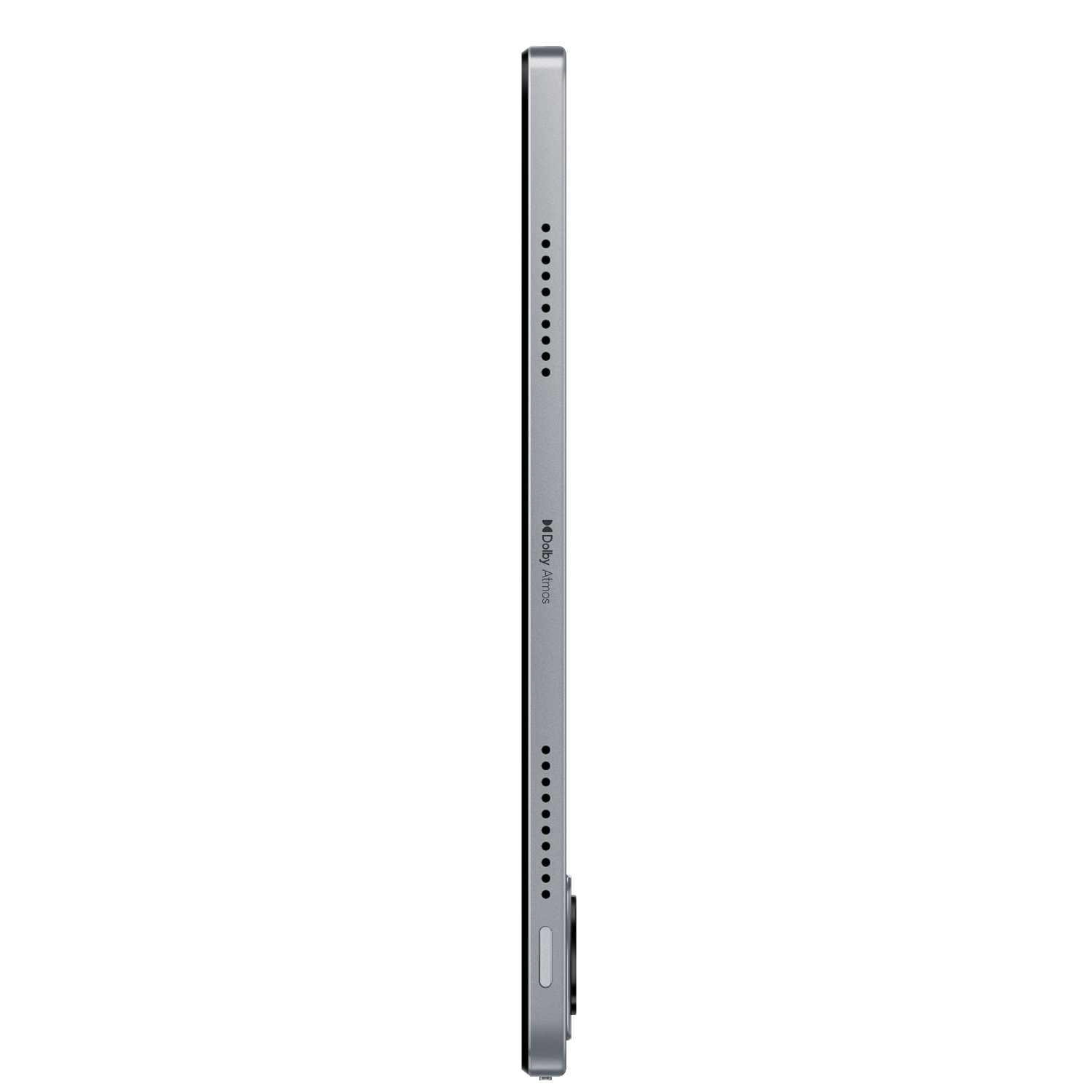 Seitenansicht eines silbernen Tablets mit schwarzem Rand, schwarzem Hintergrund.