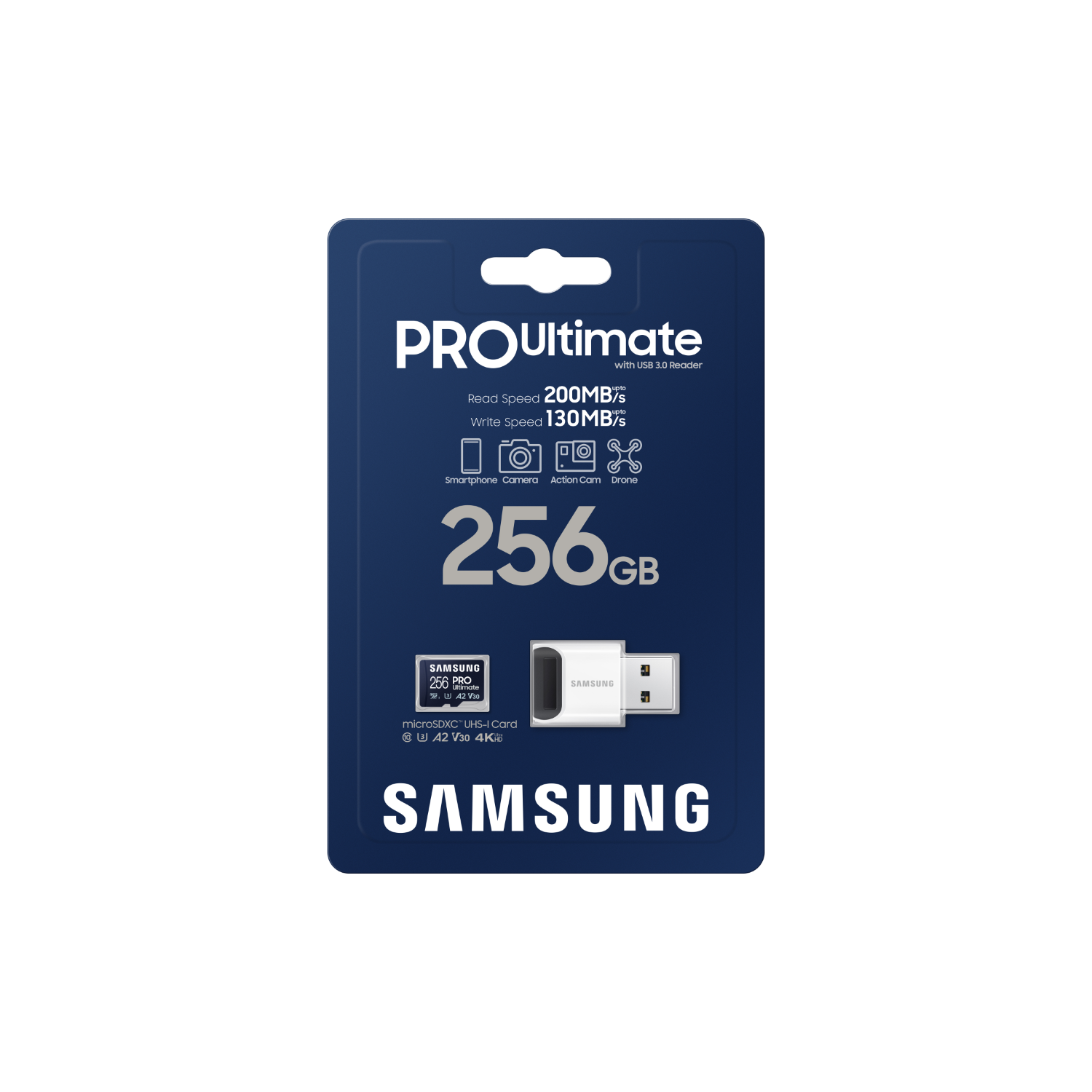 Karta microSD Samsung Pro Ultimate 256GB w opakowaniu, ze szczegółami prędkości odczytu/zapisu.