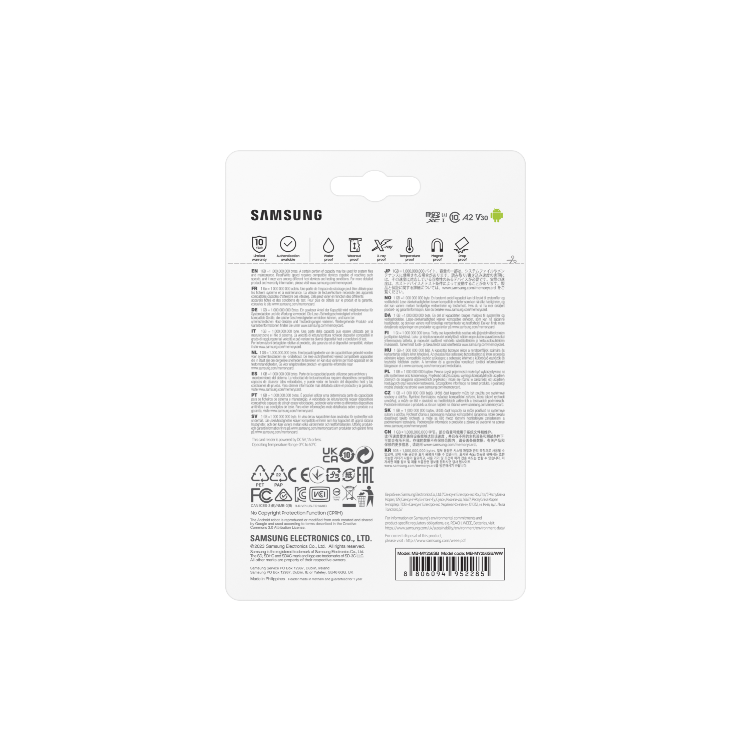 Opakowanie słuchawek Samsung. Tekst i obrazy na białym tle. Szczegóły produktu.