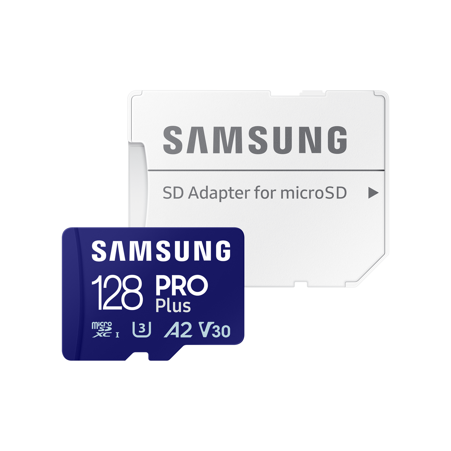 Ein blauer und weißer Samsung SD-Kartenadapter und eine blaue 128GB microSD-Karte.