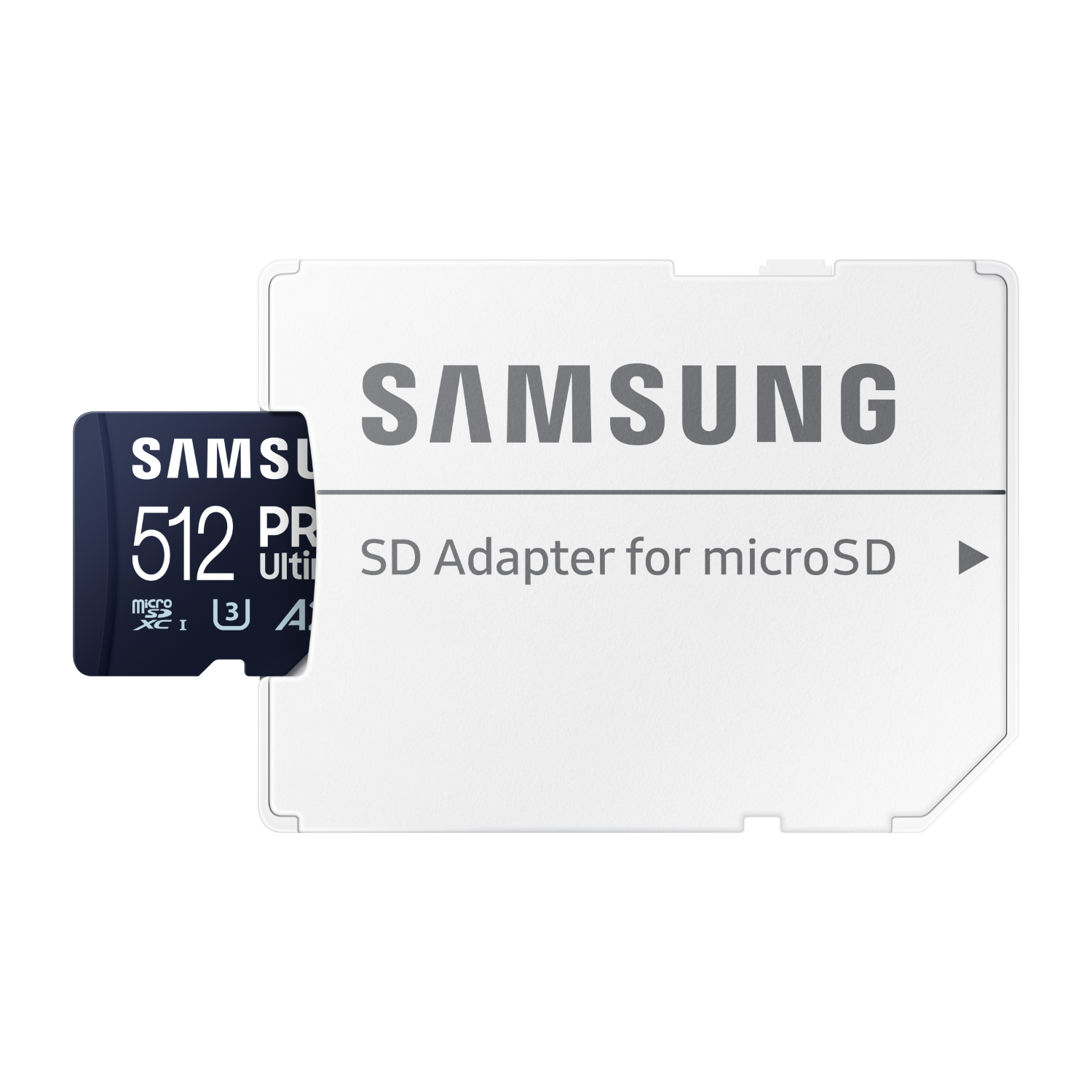 Karta microSD i adapter SD, oba z logo Samsung i informacjami o produkcie.