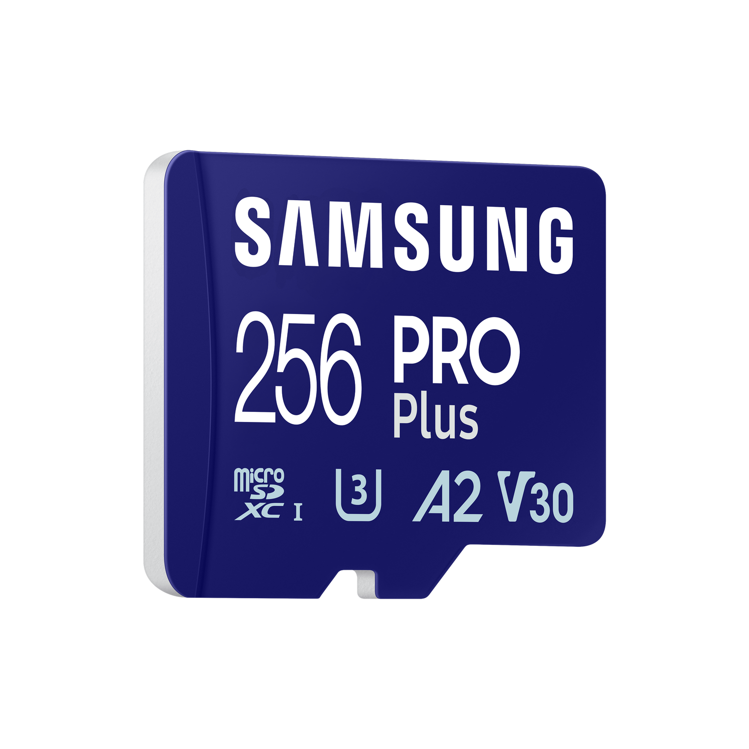 Blaue Samsung 256 Pro Plus microSD-Karte mit weißem Text und Symbolen.