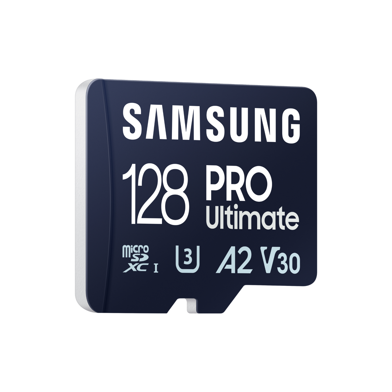 Karta Micro SD Samsung 128 Pro Ultimate z białym i niebieskim wzorem, na białym tle.