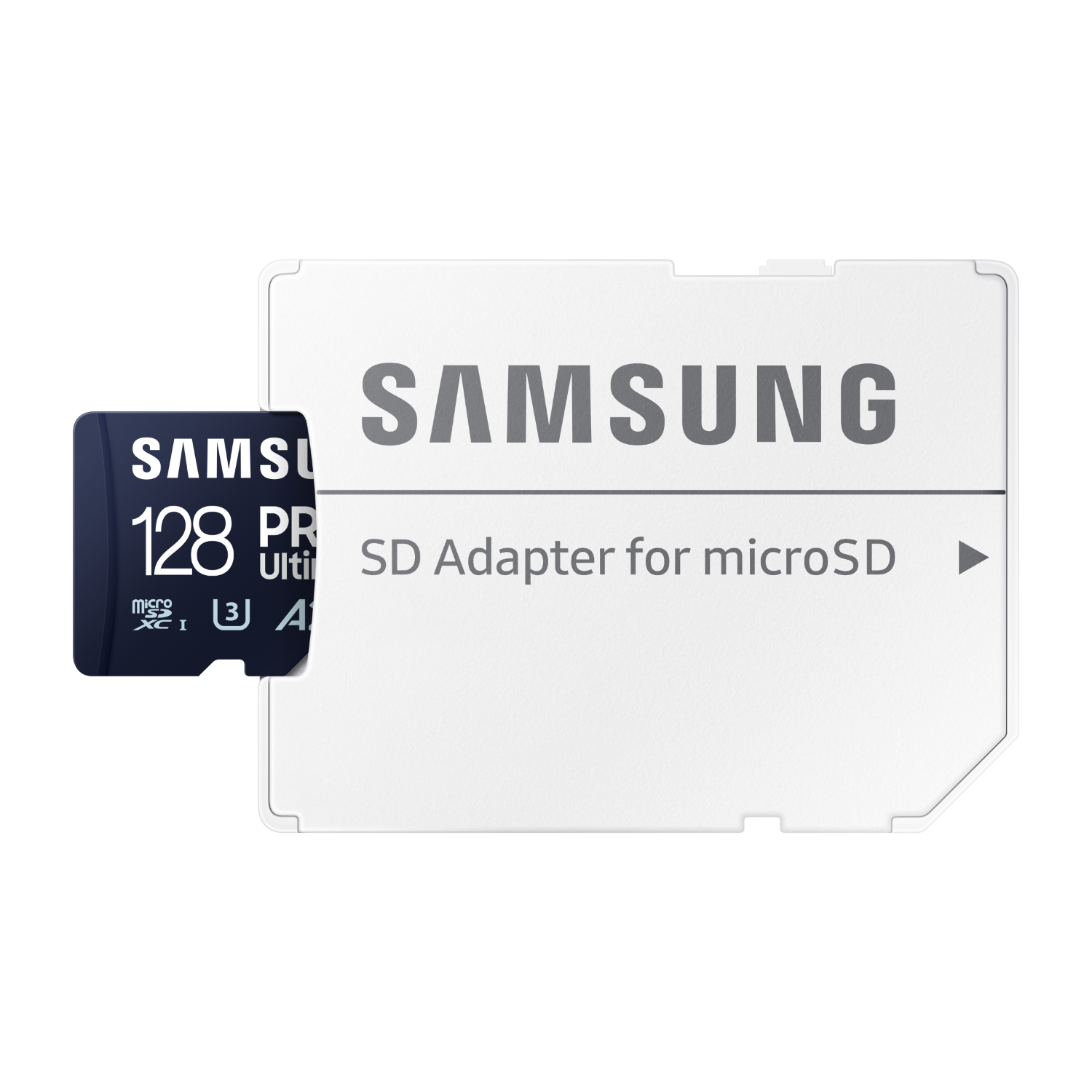 Karta microSD Samsung 128GB i adapter SD. Białe tło.