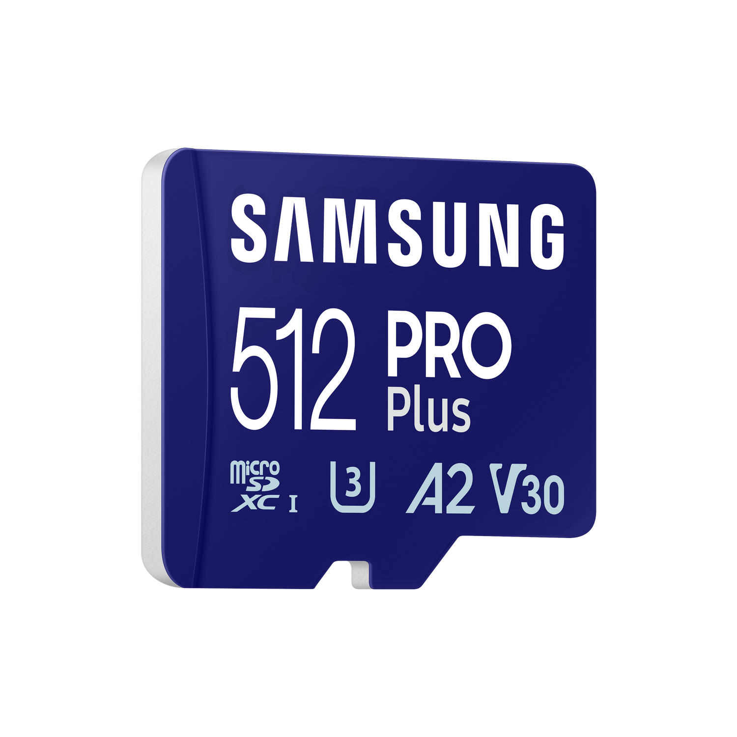 Blaue microSD-Karte, mit weißem Text: Samsung 512 PRO Plus. MicroSDXC I, A2 V30.
