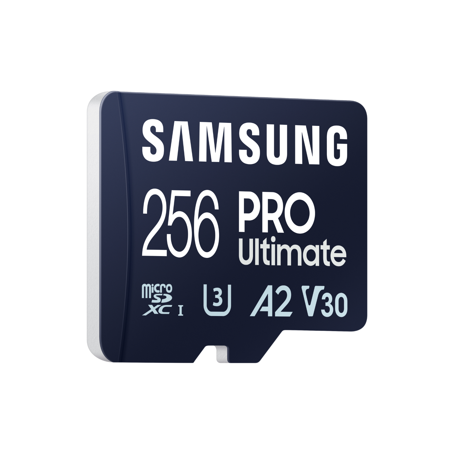 Ciemnoniebieska karta MicroSD Samsung z białym tekstem i logo Ultimate A2 V30.