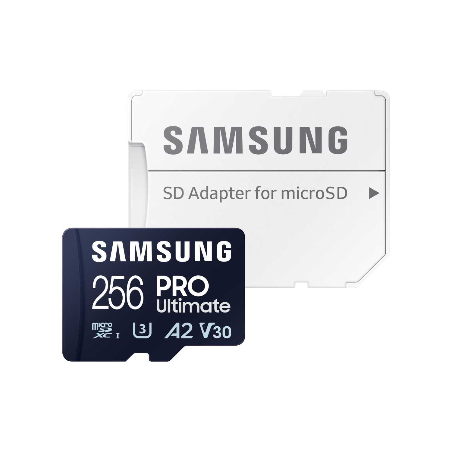 Karta SD Samsung z adapterem, białe tło.