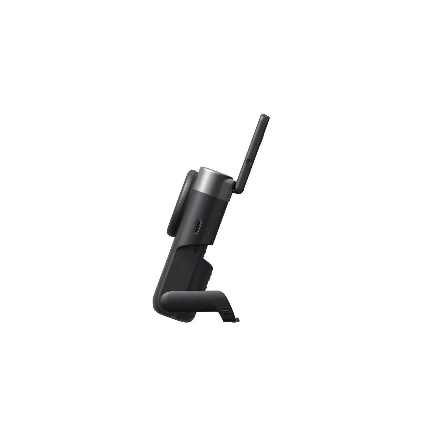 Ein schwarzes Gerät mit ausklappbarer Antenne, in einem Seitenwinkel auf weißem Hintergrund.
