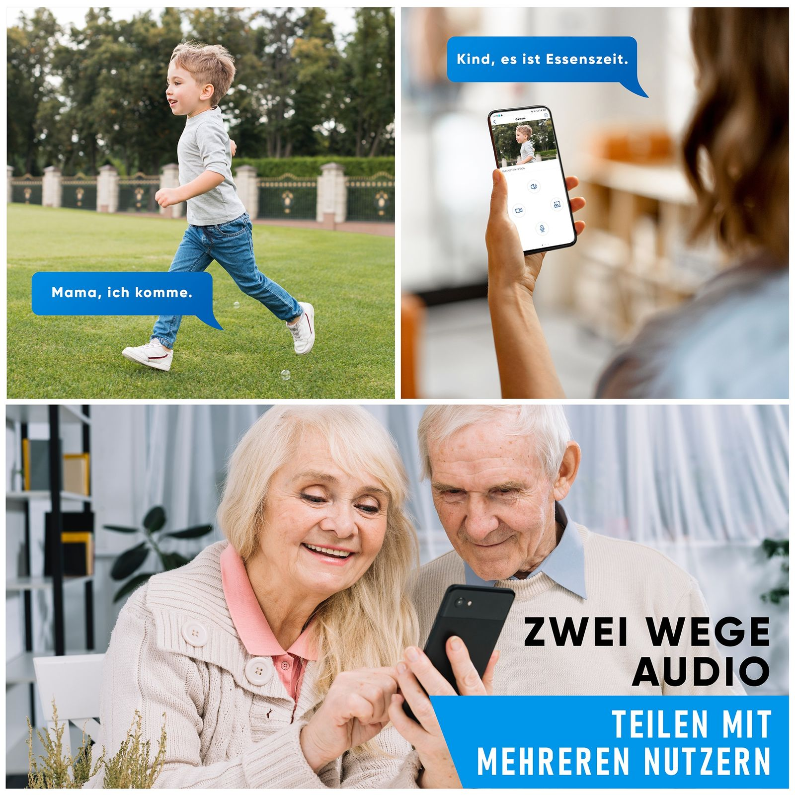 Ein dreiteiliges Bild, das ein Kind beim Rennen, ein Telefon und zwei Personen mit einem Telefon zeigt.